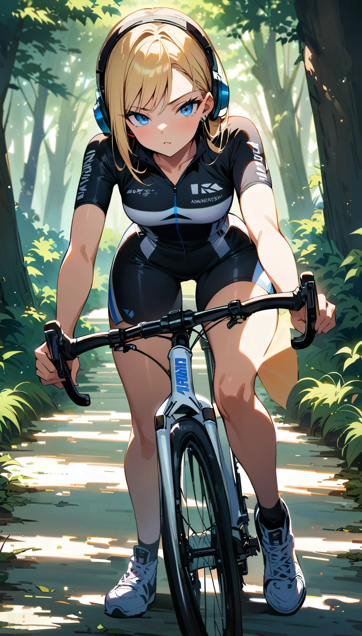 (masterpiece, best quality:1.2), frontal full body shot of Android 18 from Dragon Ball riding a white road bike with a striped aerodynamic frame and white thin tires, slender feminine figure in cycling pose, torso leaning forward over the low handlebars, one leg extended, facing camera, narrow waistline, (white over-ear headphones must be worn), short blonde hair, blue eyes, earrings on earlobes, black cycling jersey, black cycling shorts, white cycling shoes clipped into the white lightweight pedals, surrounded by lush green trees and foliage, sunlight filtering through leaves, peaceful tree-lined trail, 4K