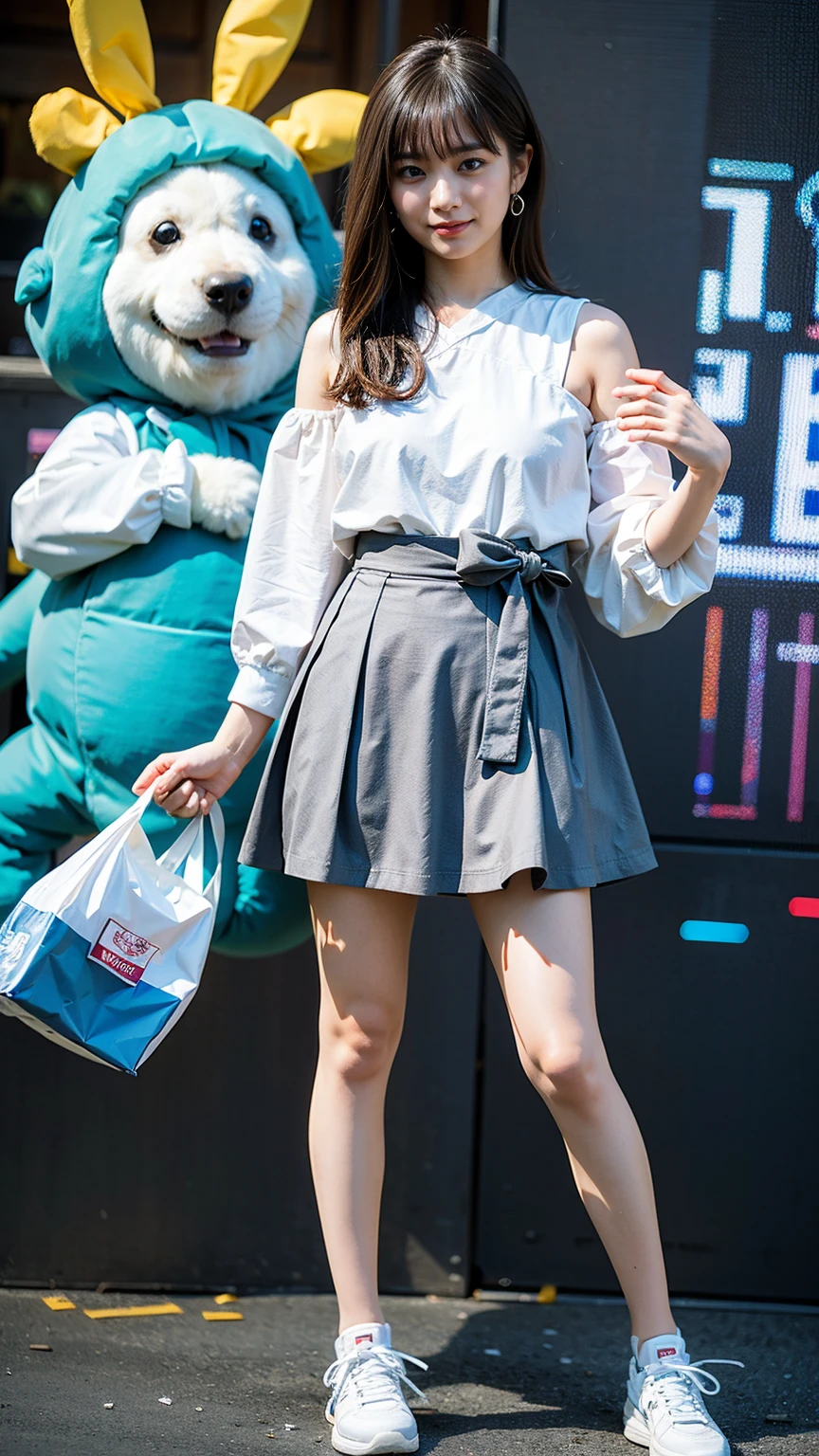 (8k、RAW Photos、highest quality、masterpiece:1.2)、(Realistic、Realistic)、1 girl、((sneakerini skirt、Casual dress、、Large Breasts、View from the front、smile、Are standing))、Lots of eyelashes、Glowing eyelids、skeletally correct