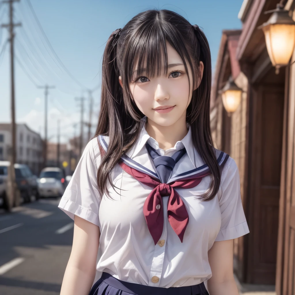 1 girl, So cute, Great face and eyes, (Beautiful lovely smile), (Very detailedな美しい顔), bright shining lips, Keep staring at me, so beautiful, (school uniform:1.3), Open chest、Cleavage、Big Breasts、(highest quality:1.4), (super high quality), (Very detailed), (Surreal, Photorealistic:1.37), Real skin texture, 8K wallpapers incorporating highly detailed CG, RAW Photos, Professional photos, Cinema Lighting,Back view、turn around、Dark blue skirt、loafers、、Knee-high socks