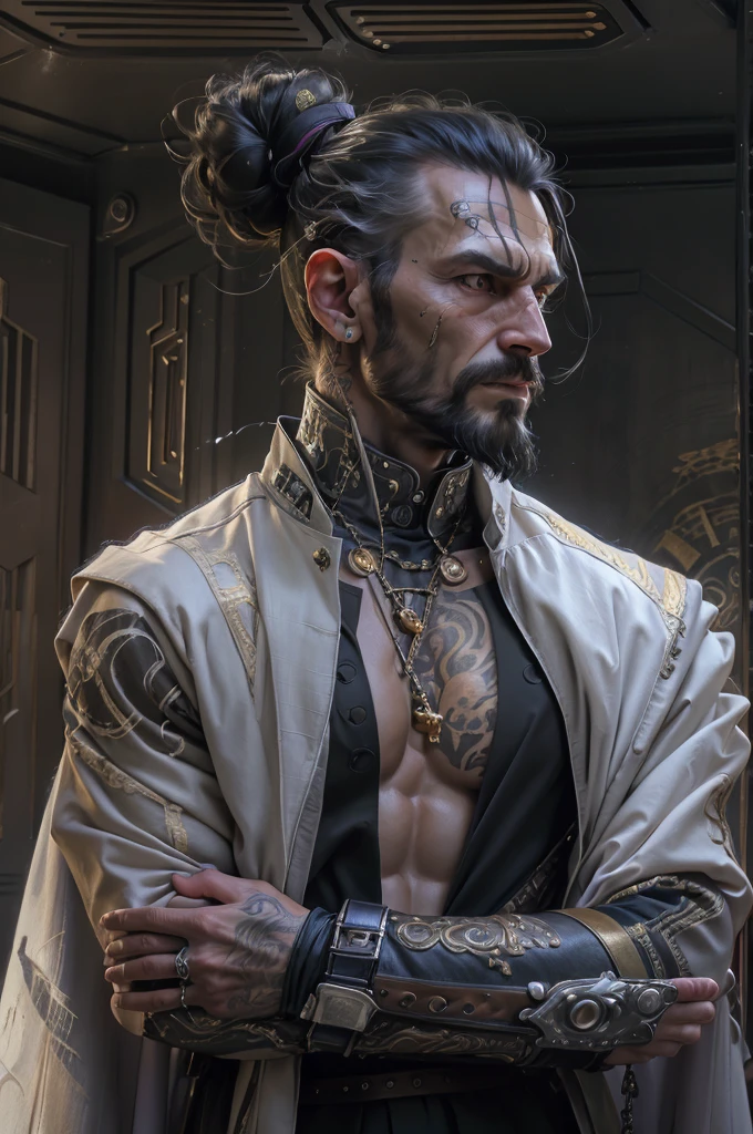 (((Muscular, mature man, 45 years old, perfect body)), ((Full body, slim, strong body, wiry), (Long black hair in a bun), (black very short beard), (Long hair in a bun )), ((young, modern clothes), (expressive eyes))_((prince, powerful, heroic), (hands decorated with belts, bracelets))_((Cold, layered clothes, futuristic cyberpunk costume, librarian, writer, bulky clothes, futuristic clothes), [Liam Neeson], (librarian, priest), (tech tent), (edgy tattoos, stylized tattoos), (futuristic clothes), (tight pants, thermal underwear, ROBE, raincoat with hair, cold, inspired by Adrienne Henchne Deaki), (pants, Cold, hair cape inspired by Olivia de Berardinis))_((surrealism: 1.3), (best, quality), (masterpiece: 1.2), (realism: 1.2), (Best quality )))_((Highest quality, 16K Full HD, cinematic rendering),(Create a work of art))_(surrealism: 1.3), (large, high quality)).