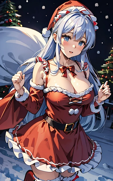 Theme is blue、The perfect human body、Christmas Night、(((He was wearing a Santa costume decorated with lots of frills..)))、A beautiful woman stepped onto the snowy road、Long skirt、hair ornaments、Large breasts