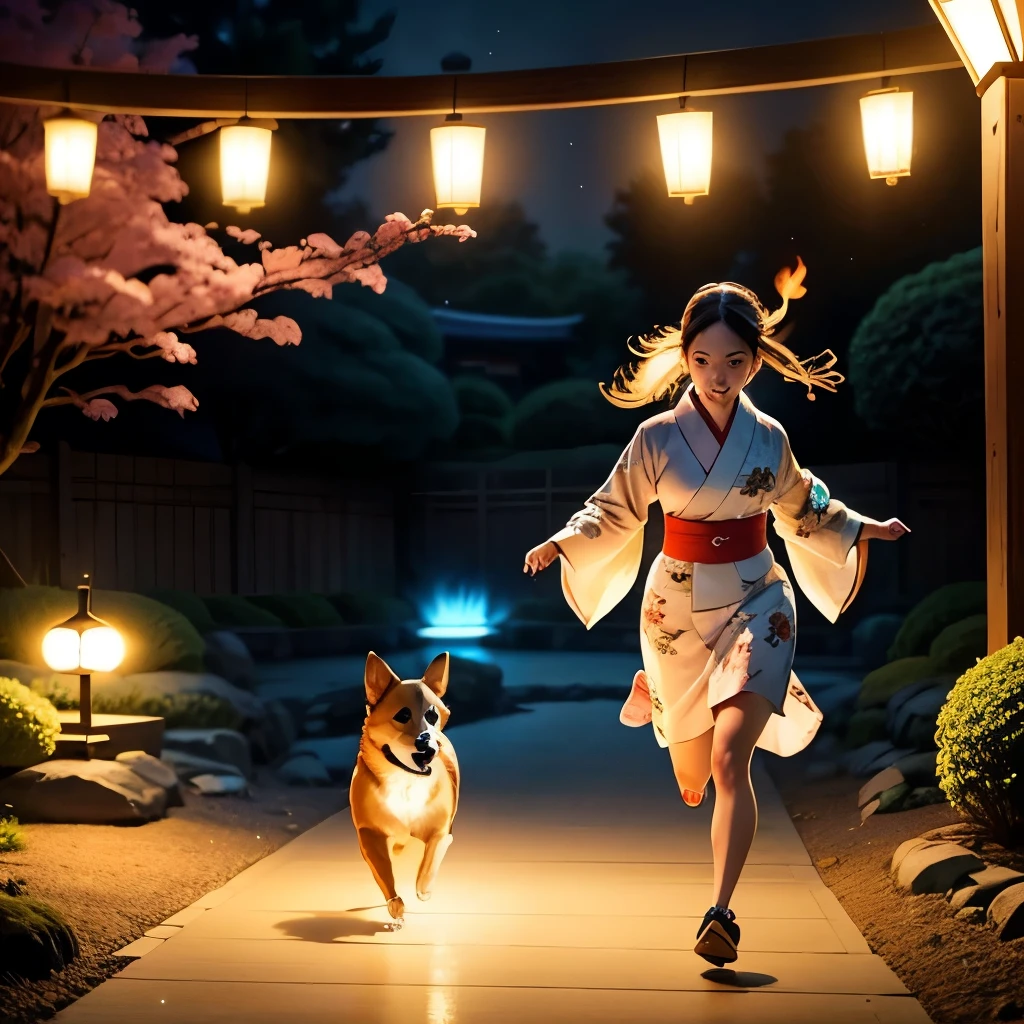 Corgi and girl in kimono running around in Japanese garden watching glowing fireflies at night