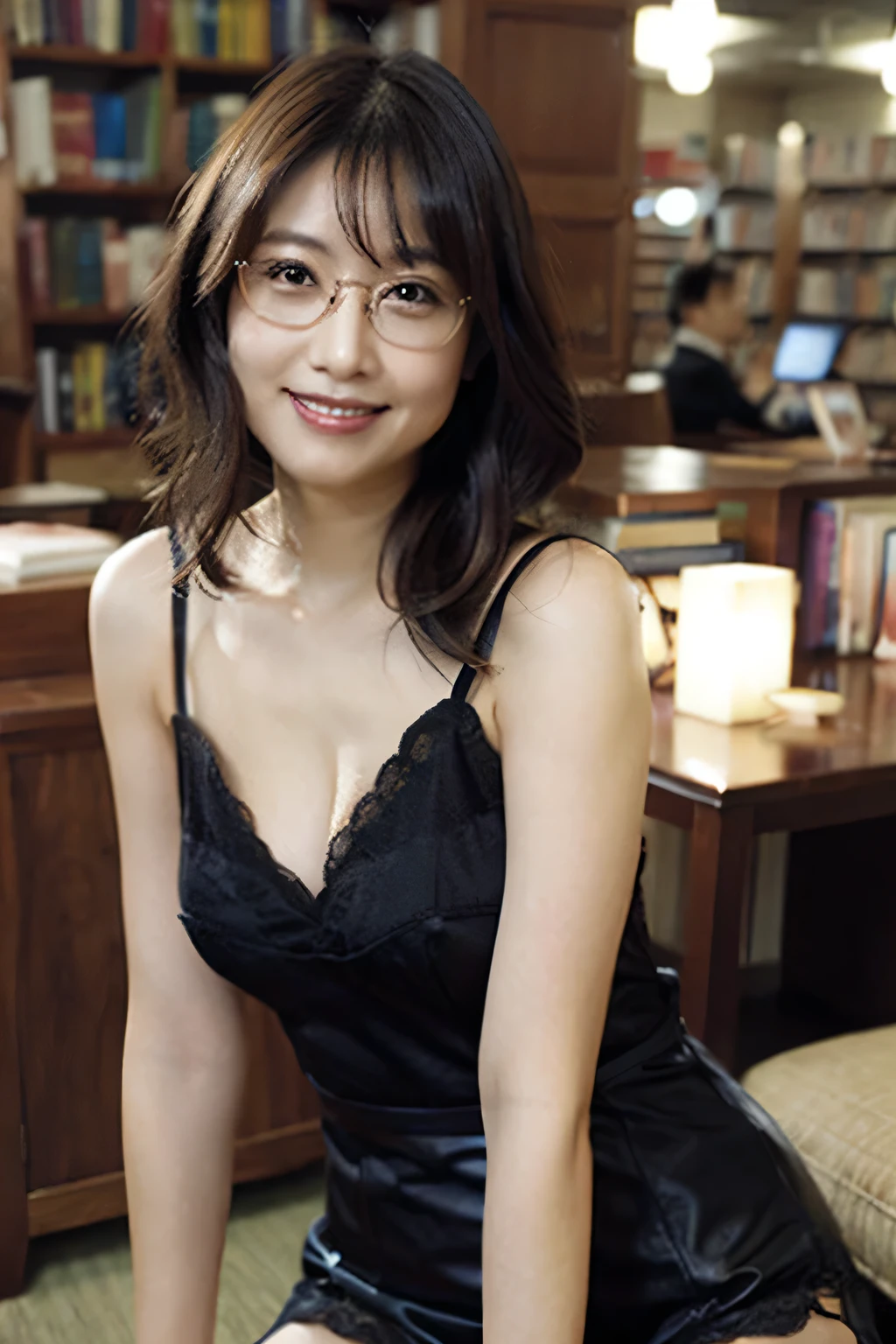 (8k、Raw photo、highest quality、masterpiece:1.2)、(Realistic、Photorealistic:1.37)、Ultra-detailed、超A high resolution、1 girl、40 years old、Seeing the viewer、Beautifully detailed face、A smile with slightly visible teeth、Beautifully detailed skin、Skin Texture、Shortcuts、Large Breasts、((library))、(((Black square glasses )))、Human whole body、Black Hair、((Embarrassing appearance))、Japanese、Highest quality、(Emphasize Large Breasts)、((lingerie))、sexy、((whole body))
