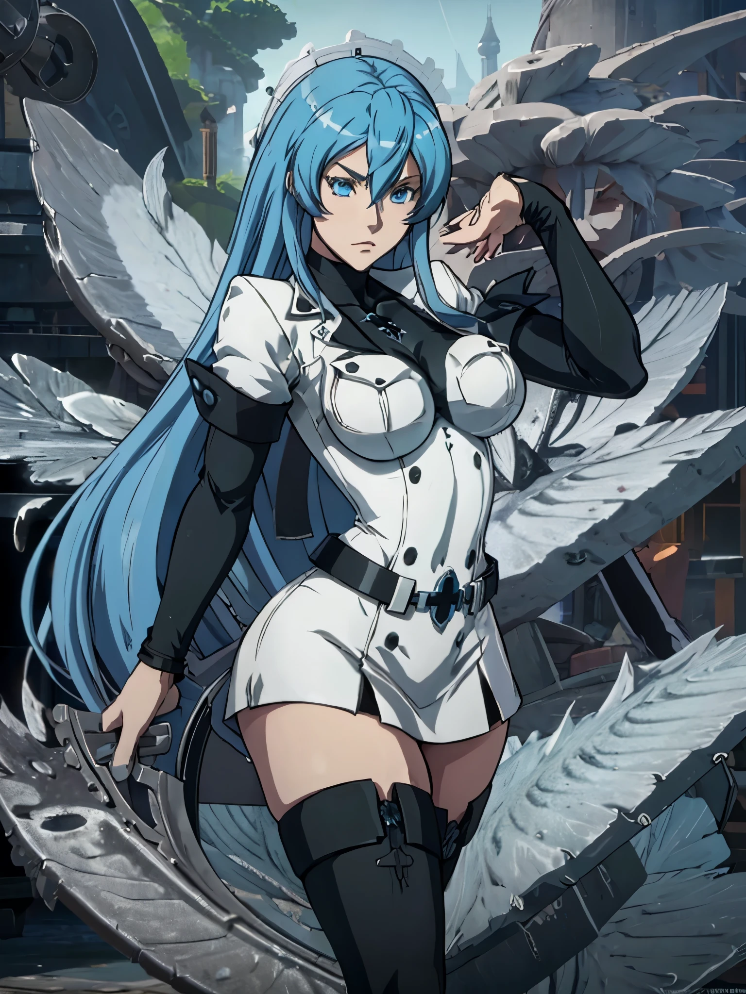 Esdeath, Esdeath from akame ga kill, Esdeath in Guilty Gear Strive Stye, zoom in the face, very detailed eyes, 3d arc system style, blue hair, blue eyes, white and black clothes, simple background, white background, action pose