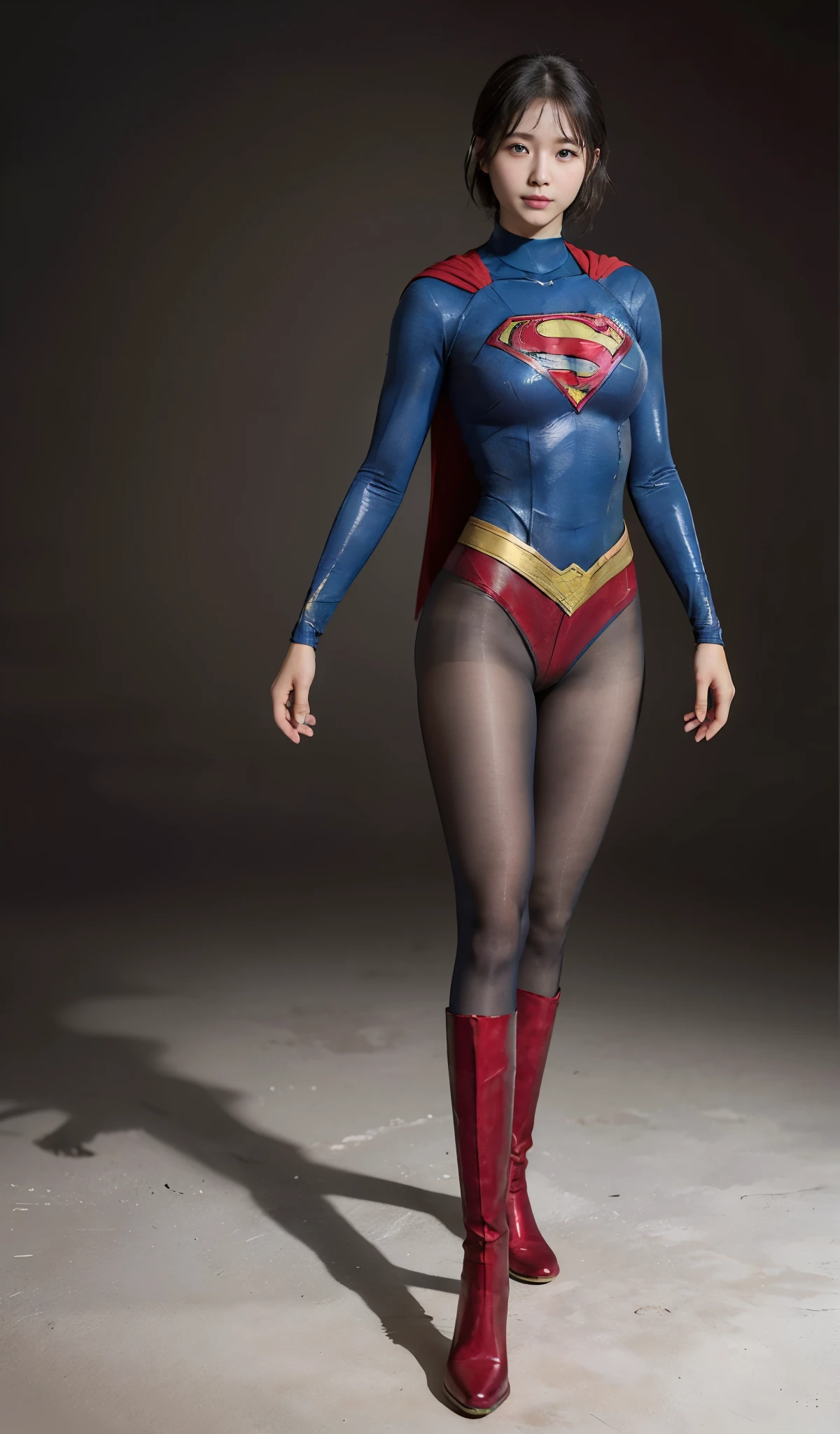 No background、(((Beautiful legs in black tights.)))、(((Legally express the beauty of your smile)))、((((Make the most of your original images)))、(((Supergirl Costume)))、(((Beautiful boyish short hairstyle)))、(((suffering)))、(((Please wear black tights....、Wear red boots)))、((Best image quality、8k))、((highest quality、8k、masterpiece:1.3))、(((Preserve background )))、Sharp focus:1.2、Beautiful woman with perfect figure:1.4、Slim Abs:1.2、Wet body:1.5、Highly detailed face and skin texture、8k