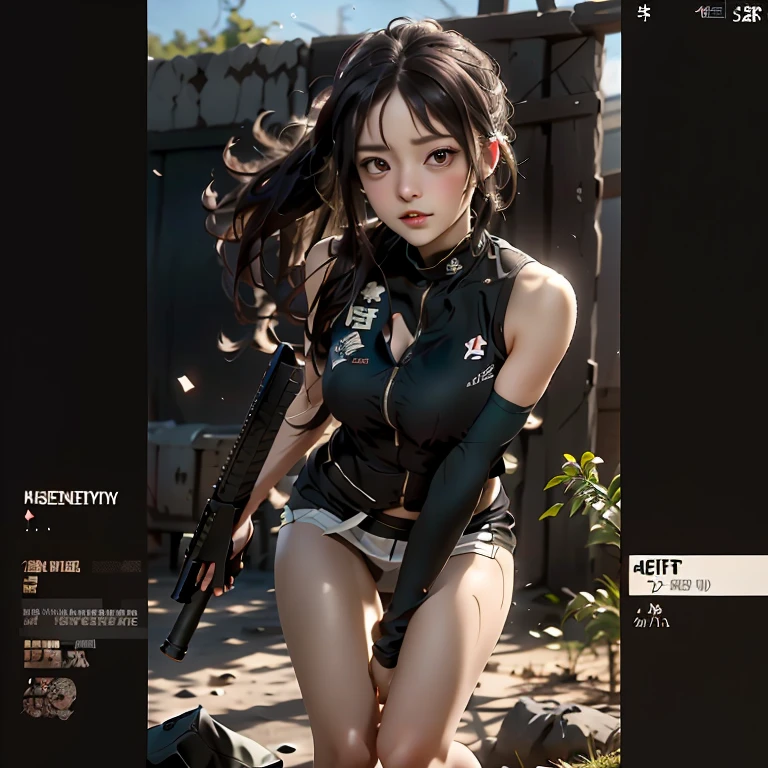 (Generated in SFW:1.6), (masterpiece, highest quality:1.2), Mercenary girl, alone, Counterattack when attacked by the enemy, ((Leaning forward with an assault rifle, Aim your gun at the enemy while running)), Dust in the air, The tension of war, A tense scene of a man aiming his rifle at a target,