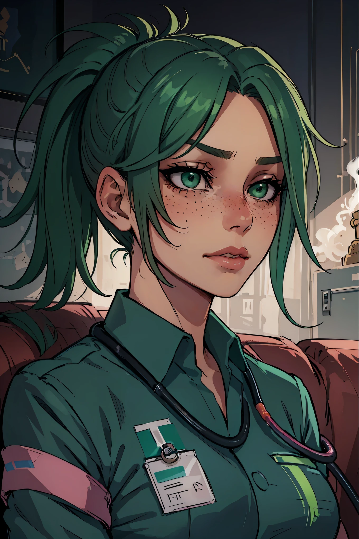 Masterpiece, best quality, centered in frame, portrait, female, tan skin, stressed expression, busty, exhaling smoke, eye bags, emt gear, stethoscope, nervous, pink full lips, messy ponytail, bright green hair, couch landscape, green eyes, paramedic uniform, freckles, beautiful