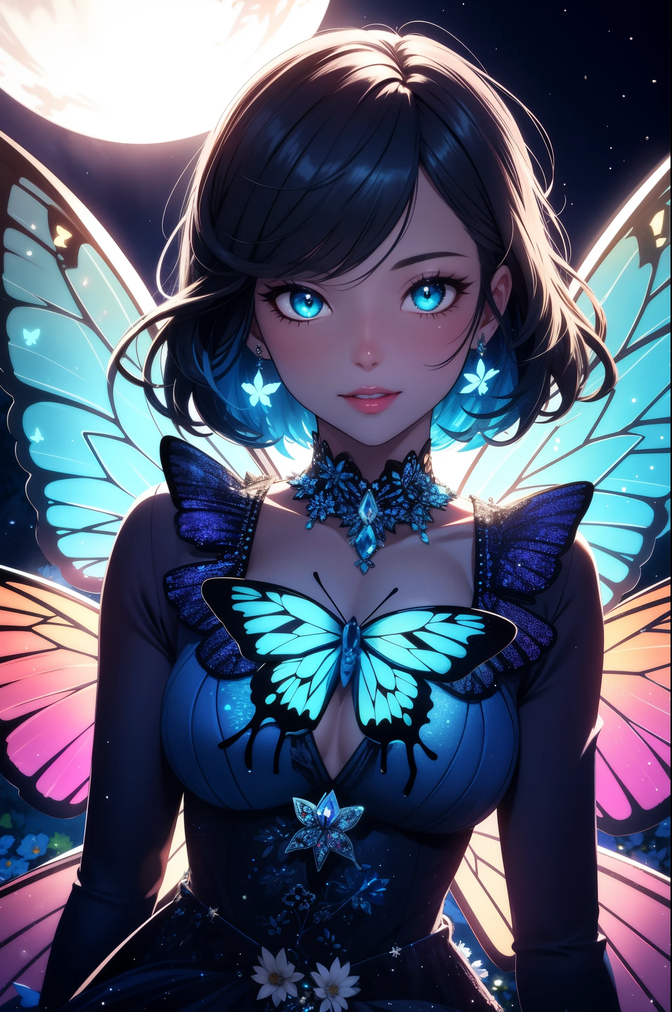 (glowing,blue,butterfly,sparkling,sparkling),(best quality,ultra-detailed),(portraits,vivid colors),(blue,sparkling light),(butterfly),(wings shimmering,delicate,translucent;), (The butterfly's wings are detailed with shimmering crystals.), crystal wings,(sparkling blue color),(beautiful pattern, intricate designs on wings),(graceful,floating),(garden,flowers),(gentle breeze),(dream-like atmosphere),(illuminated by moonlight),(nighttime),(magical, ethereal),(soft,glowing light),(mysterious, enchanting), Depth of field, high contrast, intricate details, volumetric lighting, (dynamic composition:1.2), highly detailed, colorful details, iridescent colors, (glowing lighting, atmospheric lighting), dreamy, magical, solo, lens flare, (colorful), Cinematic light, high-res, sharp focus, heterochromia, smooth, colorful light, particles, blue galaxy colors schemes,