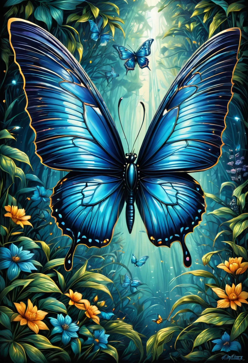 blue butterfly, by dan mumford, best quality, masterpiece, very aesthetic, perfect composition, intricate details, ultra-detailed