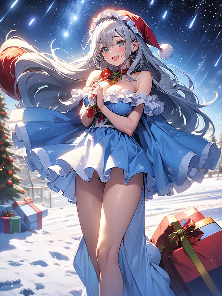 Theme is blue、The perfect human body、Christmas Night、(((He was wearing a Santa costume decorated with lots of frills..)))、A beautiful woman stepped onto the snowy road、Long skirt、hair ornaments、Large breasts