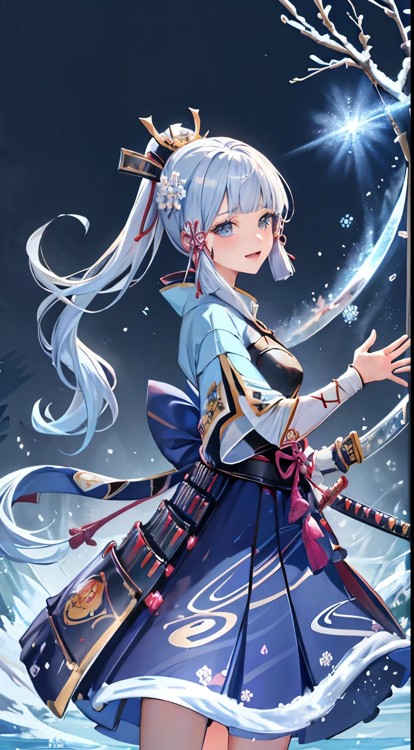 kamisatoayakadef,1 Anime Girl, warrior, Realistic people,Realistic, beautiful, smile, elegant, Majestic, Splash Art, Particles of light, Diamond Blade, (Cold Energy, Cold Air Blast, cold water: 1.4) Dynamic pose, ((JapaneseKatana,Hold the sword))((Holding a sword)),Milky Way, (Fractal Art:1.1), (colorful:1.1),(Ice Flower:1.4), (Spiral Splash), Most detailed,(Tangled:1.1),(抽象的なbackground:1.1), (Shiny skin), (Many colors:1.4), Ultra-high resolution, retina, masterpiece, Accurate, Anatomically correct, texture.(background:ice-flurry, snow,ice-shard, ice, crystal)
