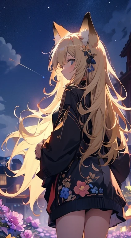 1people々々々々々々,Blonde long-haired woman,Fox Ears,Long coat, Dress Silhouette, Rear View,Space Sky, Flower Field,Colorful flowers