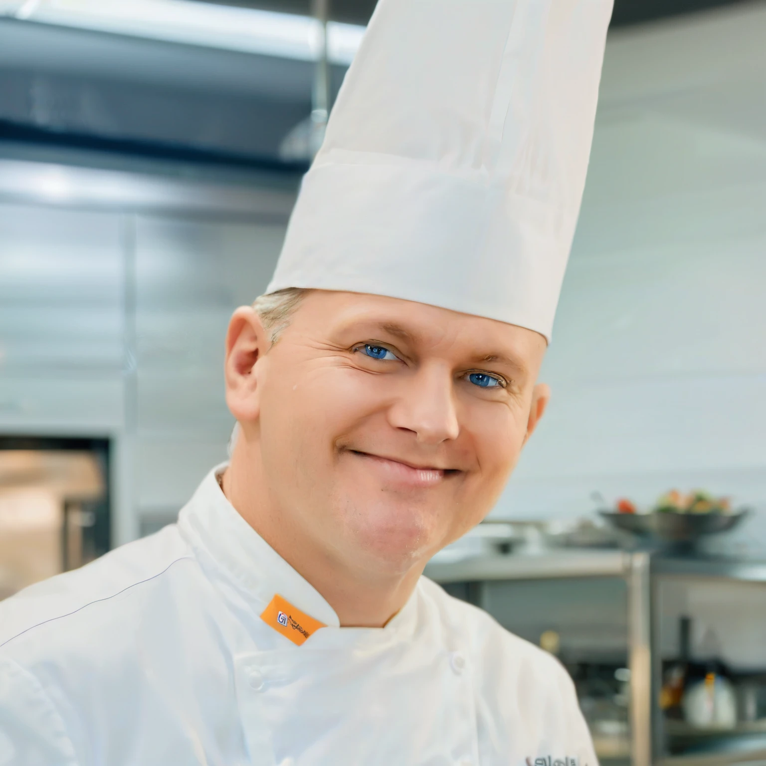 Masterpiece. A middle-aged male chef is standing in a professional large production kitchen. The kitchen is equipped with stainless steal. The chef has blue eyes and short brown-grey hair. His chin is a bit pointed and his face is round. He is cute and friendly. The chef is wearing a traditional white chef's hat and a completely traditional white chef uniform with white apron and black trousers. He is well shaven on his face. The chef is smiling. The kitchen is a large professional well-equipped and clean with cabinets and shelves in the background. The primary colors in the image are shades of grey and beige, with accents of dark blue. The chef's face has been detected and identified as male, with an estimated age of 44. The image conveys a sense of professionalism and culinary expertise.