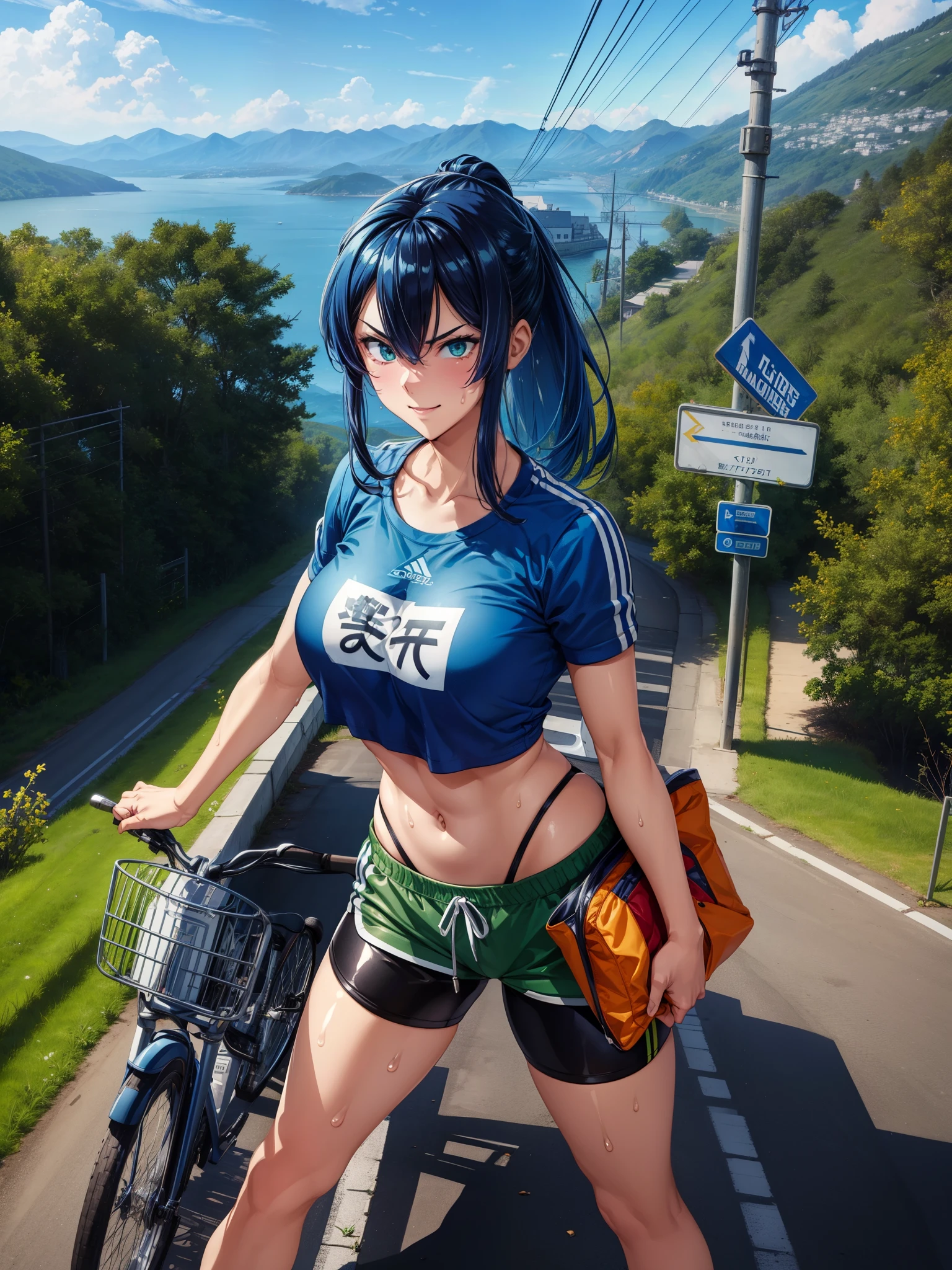 (masterpiece, best quality, detailed), 1girl, solo, looking at viewer, makaidji, blue hair, green eyes,
sportswear, sports bra, sweat, tight clothes, crop top overhang, bike shorts, road, utility pole, guard rail, road sign, power lines, hill, railing, scenery, outdoors, mountainous horizon, landscape, fighting stance, (clenched hands), legs apart, smug, smile, closed mouth, v-shaped eyebrows