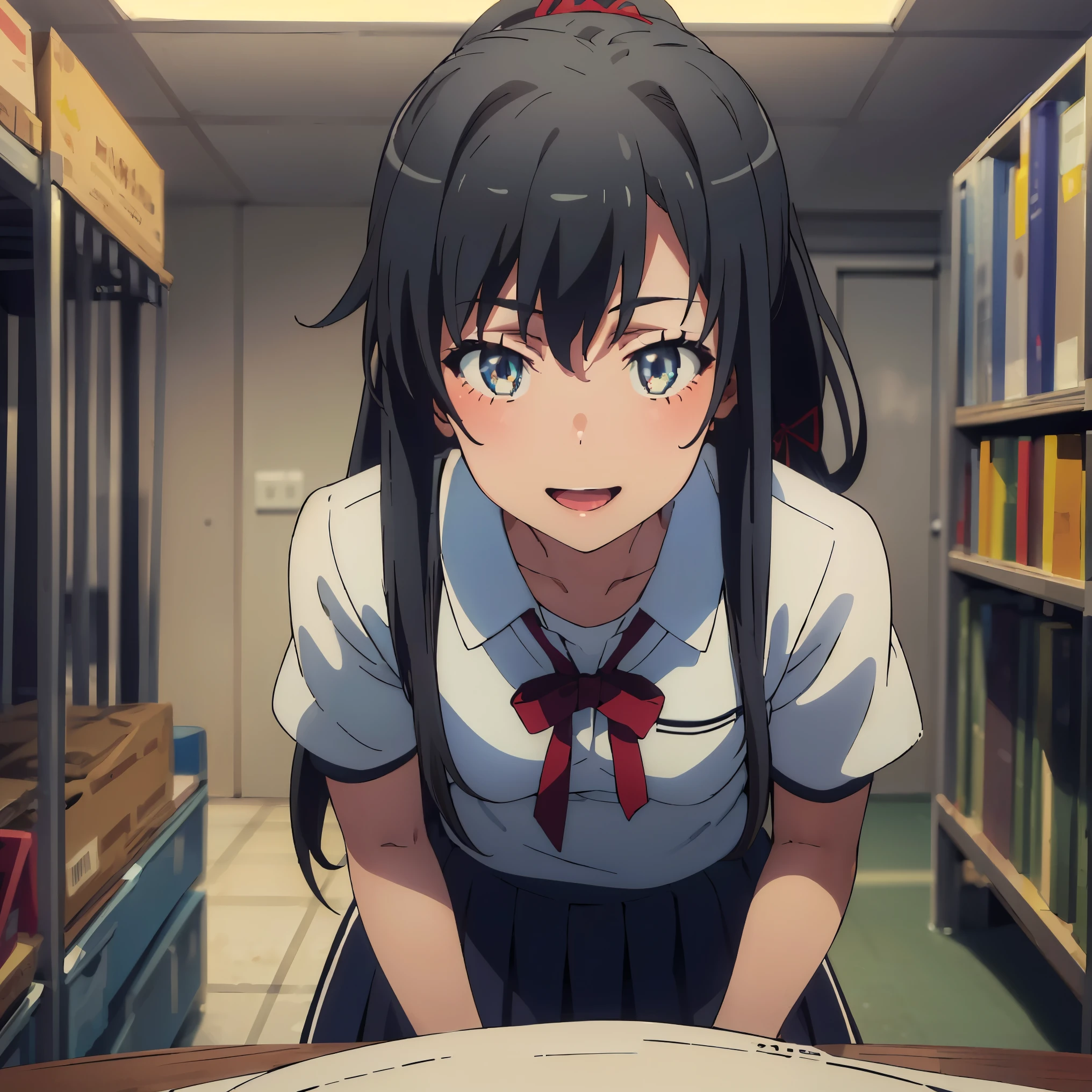 (masterpiece:1.2), (best quality:1.2), (extremely detailed:1.2)(ultra detailed), (1girl:1.4), hair_ponytail ribbon,Black hair, eyes blue, long hair, smile , Yukinoshita Yukino ,red buruma, red gym uniform, gym storeroom, pov, sex, penis
 