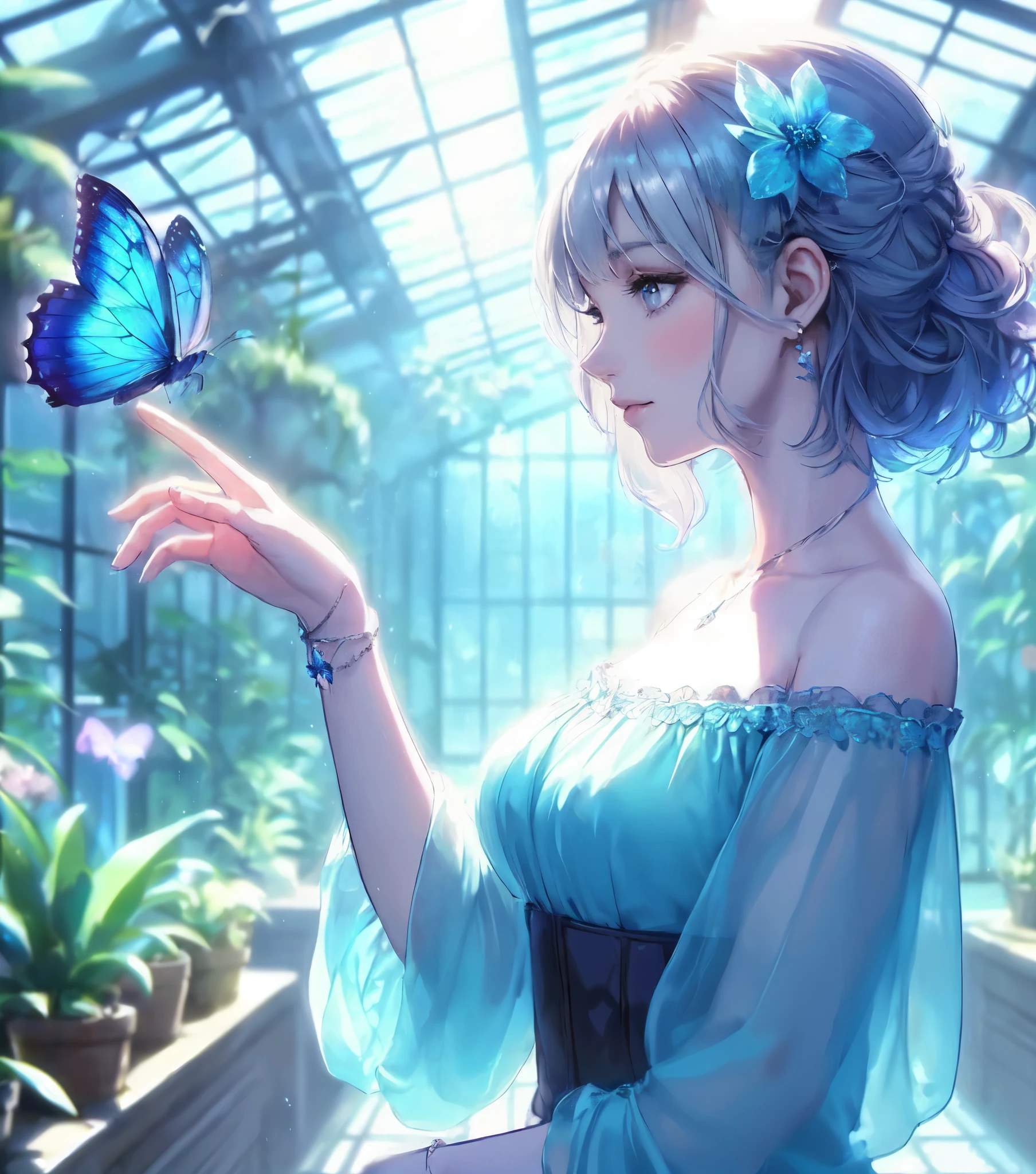 1lady solo, profile, (one hand up) (extending index finger gently), (blue butterfly landing on index finger), (cool and stylish dress), mature female, /(silver gray hair/) bangs, (light smile:0.8), (masterpiece best quality:1.2) delicate illustration ultra-detailed, large breasts BREAK (blue butterfly perching on index finger), (realistic blue butterfly:1.1), (glowing wings:1.1) BREAK (stylish greenhouse) indoors, plants, (soft lighting) noon, detailed background