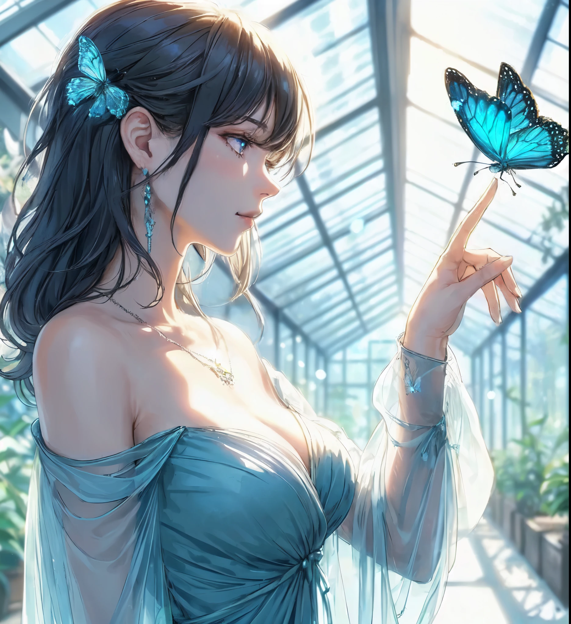 1lady solo, profile, (one hand up) (extending index finger gently), (blue butterfly landing on index finger), (cool and stylish dress), mature female, /(black hair/) bangs, (light smile:0.8), (masterpiece best quality:1.2) delicate illustration ultra-detailed, large breasts BREAK (blue butterfly perching on index finger), (realistic blue butterfly:1.1), (glowing wings:1.1) BREAK (stylish greenhouse) indoors, plants, (soft lighting) noon, detailed background