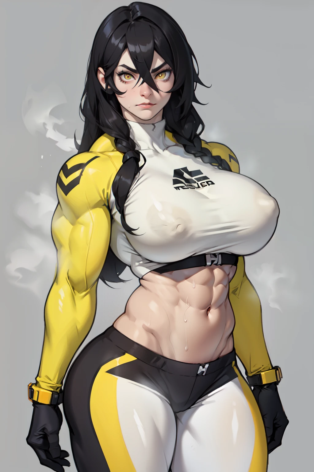 girl (1girl muscular grey background pale skin bodybuilder huge breasts toned body thin waist) black hair yellow eyes straight hair sweaty hair between eyes skintight