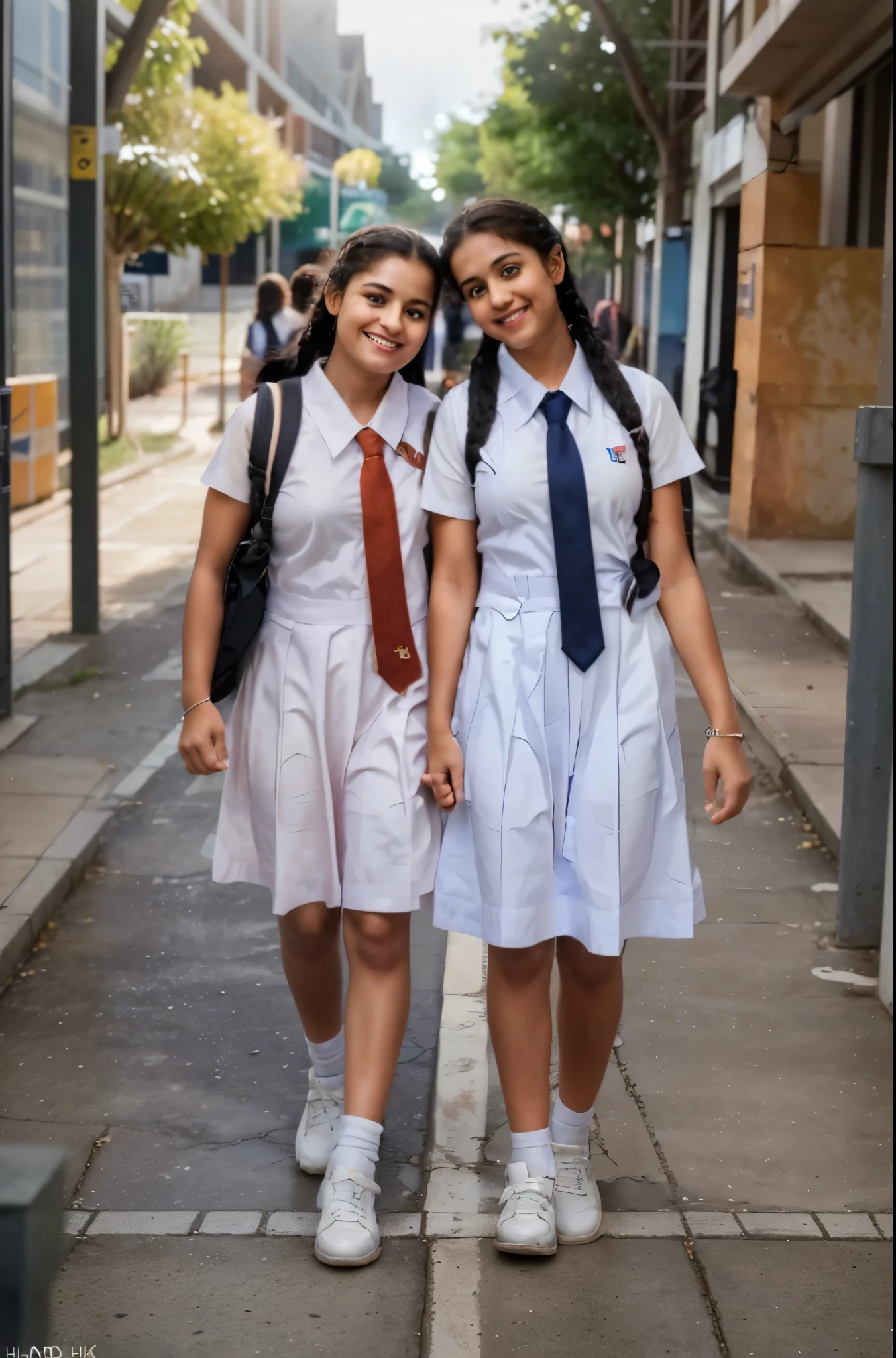 Raw photo, two beautiful teen schoolgirls, with plaited hair, both warmly hugging eachother in a school walkway in a joyful happy mood, wearing white frocks and orange color ties, white shoes, with school backpacks, professional photographer, (hdr:1.4), masterpiece, ultra-realistic 8k, perfect artwork, intricate details, cute face, award winning photograph, (Best quality, 8k, 32k, Masterpiece, UHD:1.3)