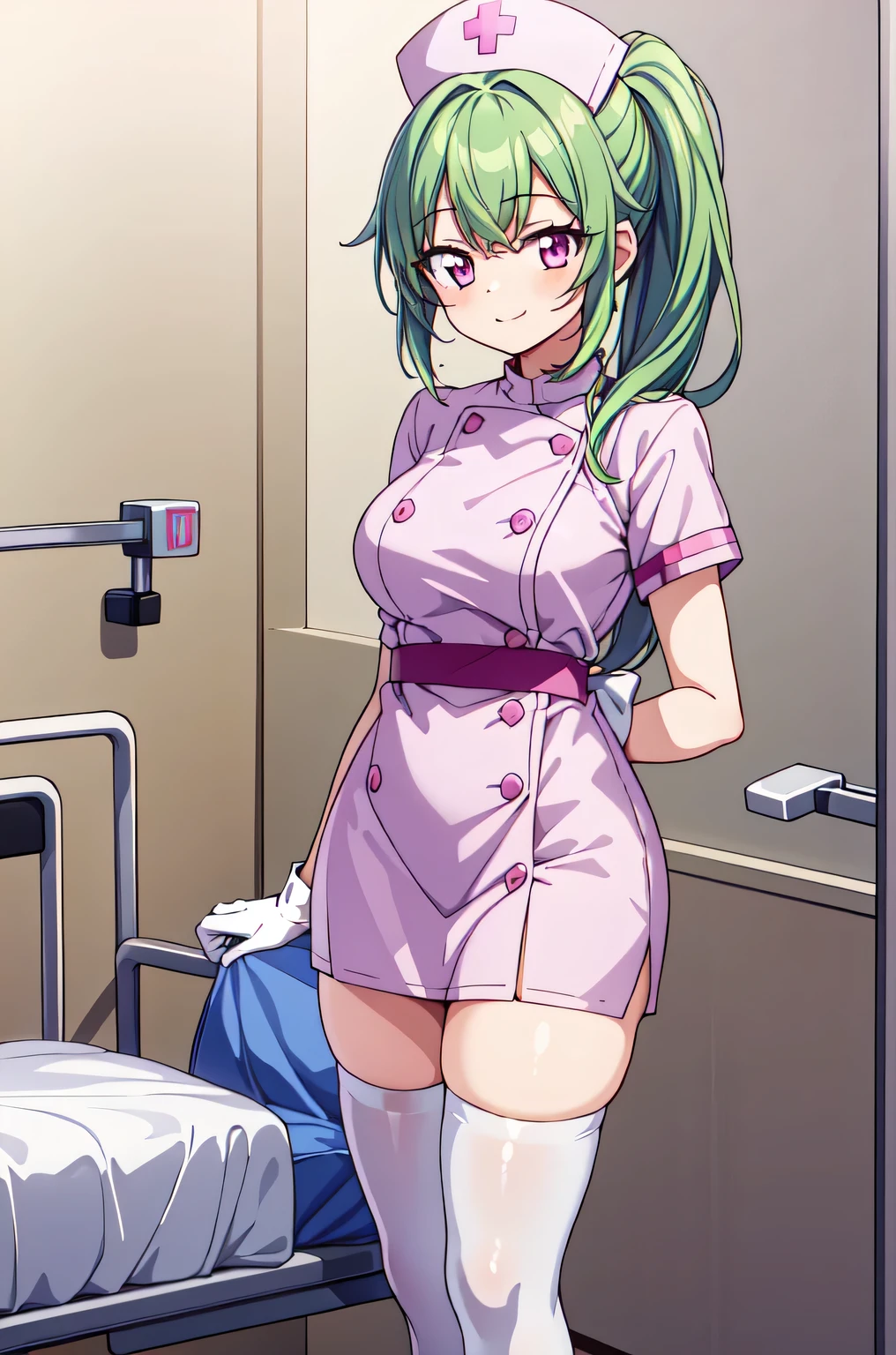 1girl, solo, nurse, nurse cap, white nurse uniform, ((white legwear, zettai ryouiki)), white gloves, ponytail, green hair, pink eyes, smile, standing, ((hospital room)), sharp outline, short sleeves, best quality, masterpiece
