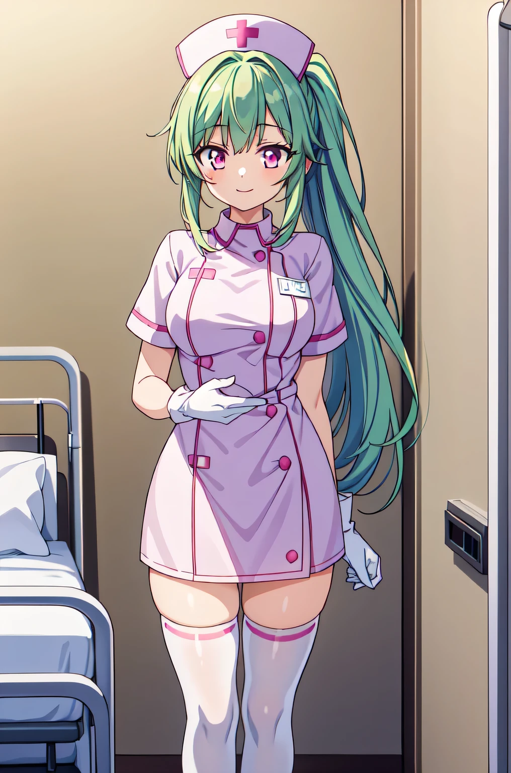 1girl, solo, nurse, nurse cap, white nurse uniform, ((white legwear, zettai ryouiki)), white gloves, ponytail, green hair, pink eyes, smile, standing, ((hospital room)), sharp outline, short sleeves, best quality, masterpiece