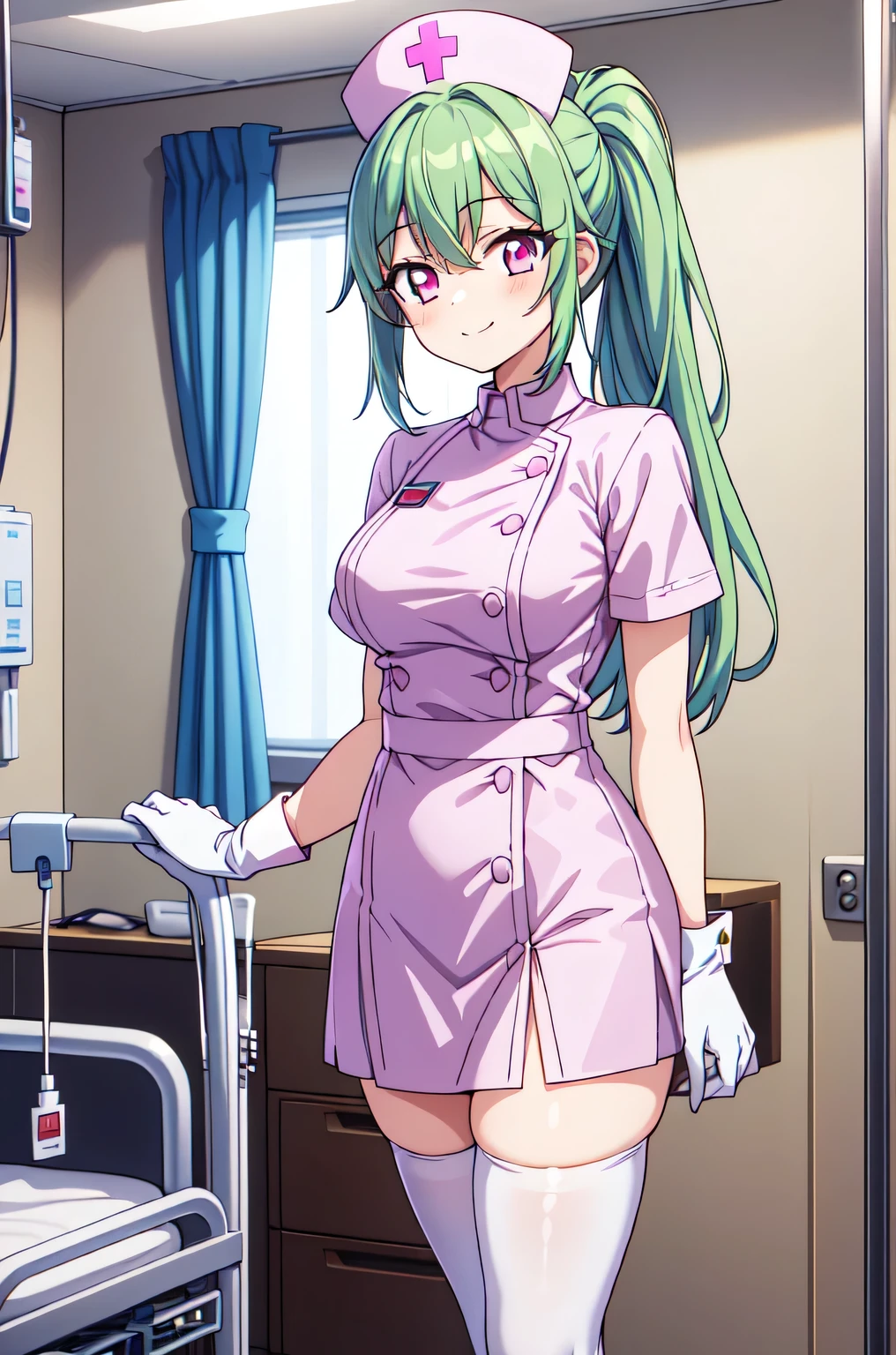 1girl, solo, nurse, nurse cap, white nurse uniform, ((white legwear, zettai ryouiki)), white gloves, ponytail, green hair, pink eyes, smile, standing, ((hospital room)), sharp outline, short sleeves, best quality, masterpiece