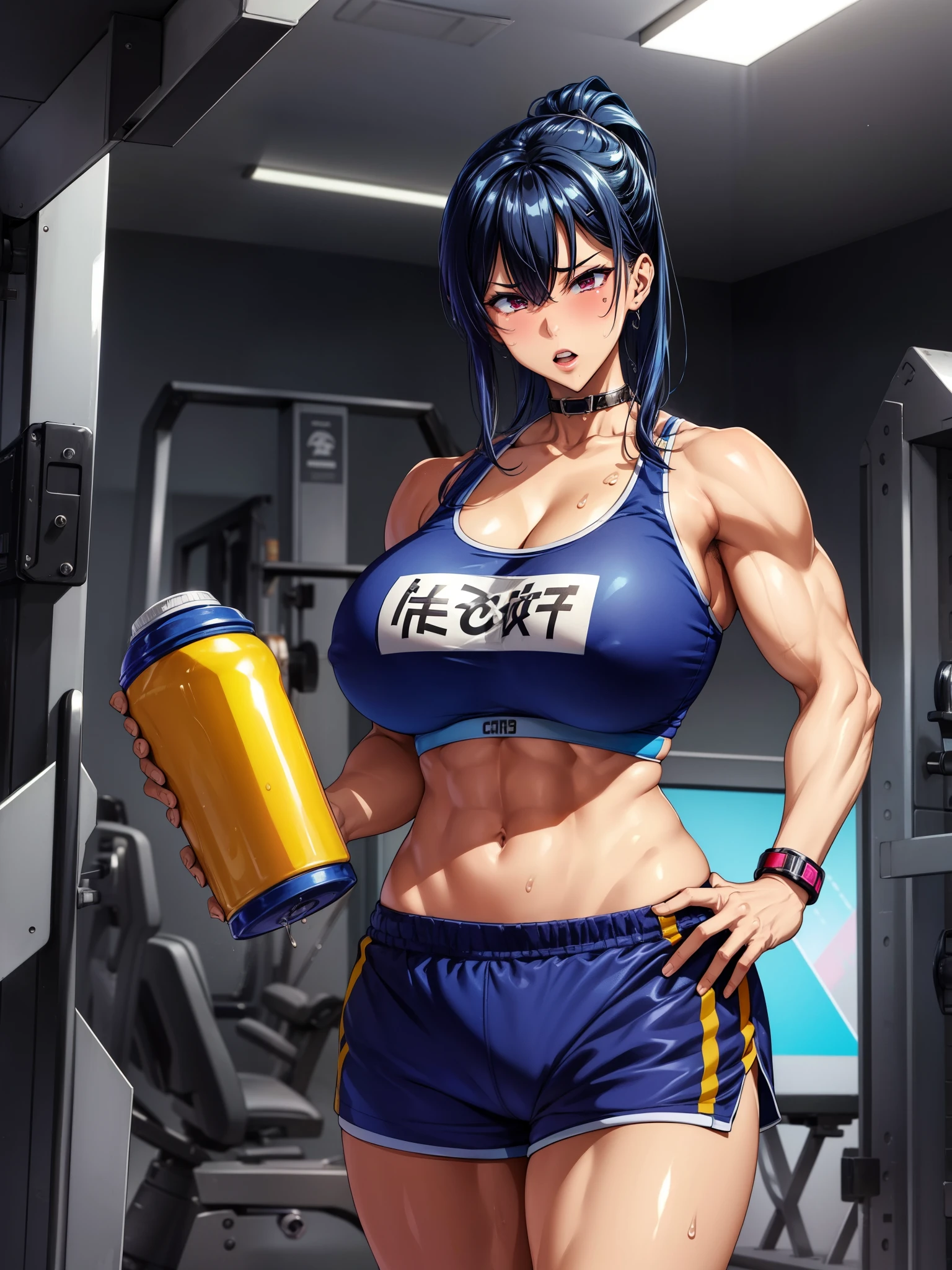 score_9、score_8_up、score_7_up、score_6_up、score_5_up、score_4_up、evaluation_Explicit、 break (1 girl、Huge chest and huge biceps)、Dark-skinned woman、Sports bra and shorts、At the gym、Sweaty、I have a water bottle。 break 18 歳、Skin Dentition、Muscular woman、Punk Rocker