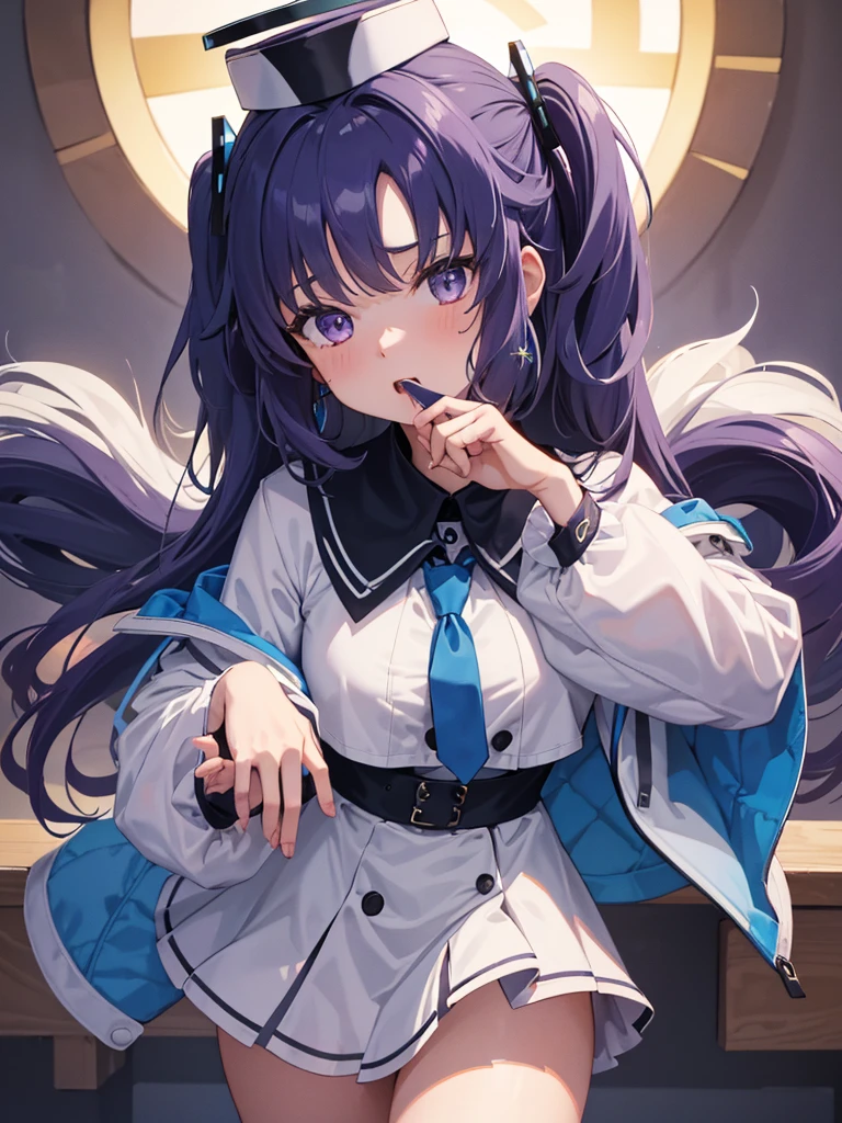 (quality, 8K, tmasterpiece, Picture quality, A high resolution, super detailing, hyper HD, (Exquisite and , real looking skin, perfect and beautiful face ,Perfect and cute face, highdetailskin, Perfect limbs)), , 1 sister , Black jacket , Black shorts , The face is red , Clothes writing , hoop earings , jewely , Gorgeous long purple hair , pony tails, longer sleeves , looking at viewert , Mechanical Aura , middling , with her mouth open , a purple eye , White sneakers , Alone , Sun hat , Viewed from slightly below, Lower bust, Yuka (bluearchive)