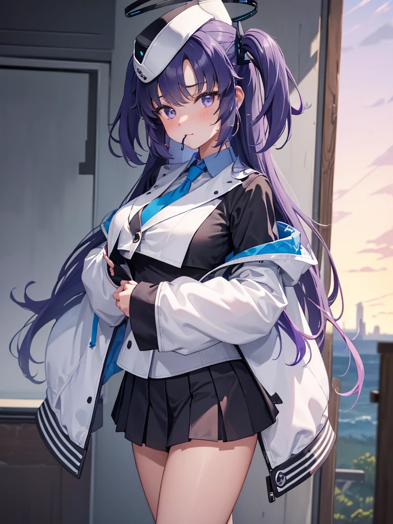 (quality, 8K, tmasterpiece, Picture quality, A high resolution, super detailing, hyper HD, (Exquisite and , real looking skin, perfect and beautiful face ,Perfect and cute face, highdetailskin, Perfect limbs)), , 1 sister , Black jacket , Black shorts , The face is red , Clothes writing , hoop earings , jewely , Gorgeous long purple hair , pony tails, longer sleeves , looking at viewert , Mechanical Aura , middling , with her mouth open , a purple eye , White sneakers , Alone , Sun hat , Viewed from slightly below, Lower bust, Yuka (bluearchive)
