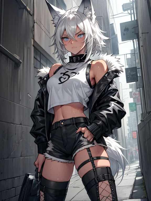 Single girl, Anime tomboy, Short, Long white hair, wolf ears, wolf tail, blue eyes, thigh high fishnets, black combat boots, wearing fur lined open jacket, nude, solo tomboy, only one female ((small breasts)) solo, alone, (SOLO)(ALONE) thighs, nice hips, blue eyes, perfect eyes, perfect face, pouty lips, happy, white shirt, midriff, black cutoff shorts, perfect detailed face, ((sweat)), aftersex, alley, modern grey walls, (prostitution), (((holding money in hand))), (((money))), dollar, ((after prostitution)), standing, spread legs, (smug), young,