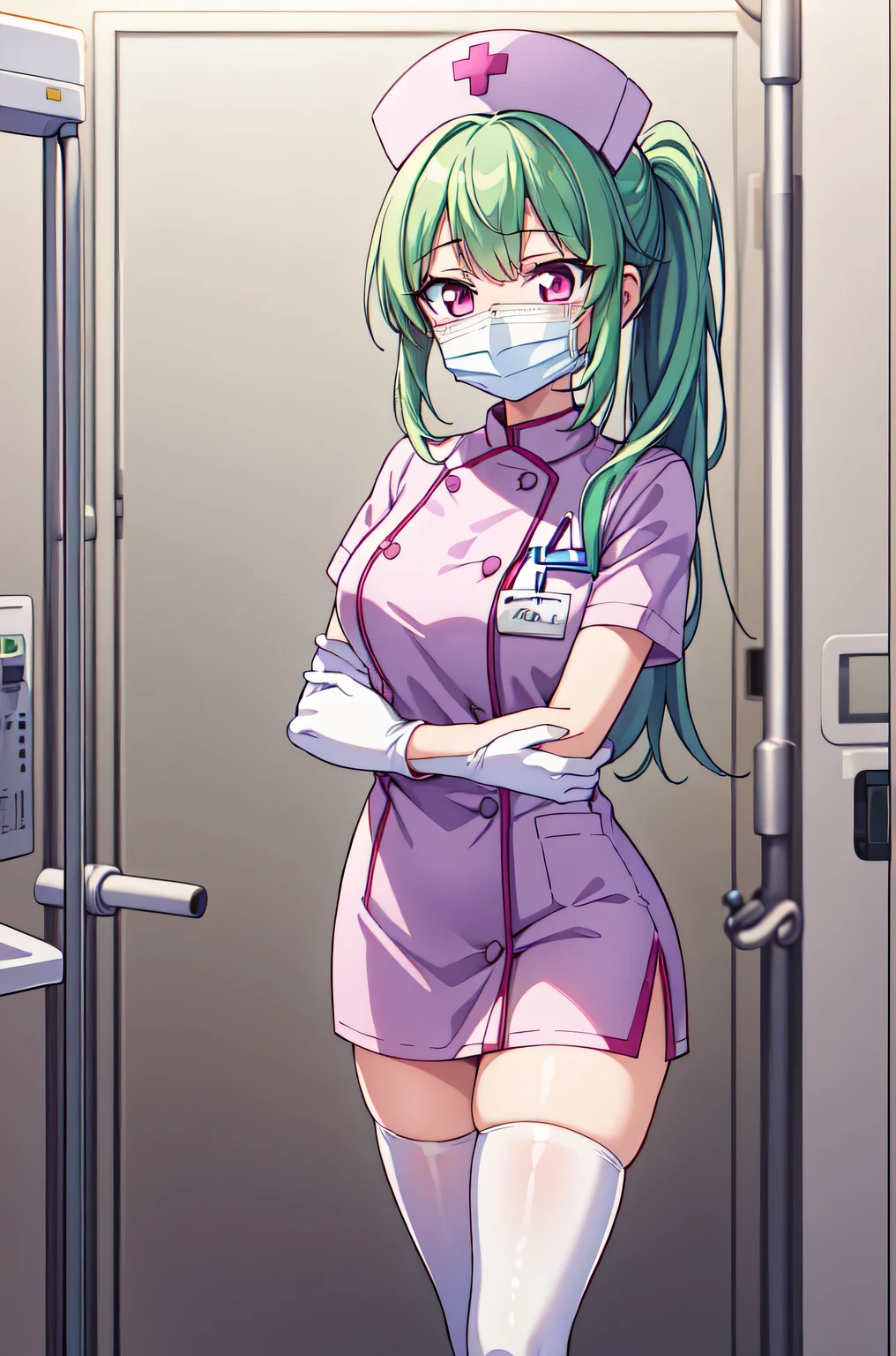 1girl, solo, nurse, nurse cap, white nurse uniform, ((white legwear, zettai ryouiki)), white gloves, ponytail, green hair, pink eyes, ((white surgical mask, covered nose)), standing, ((hospital room)), sharp outline, short sleeves, best quality, masterpiece