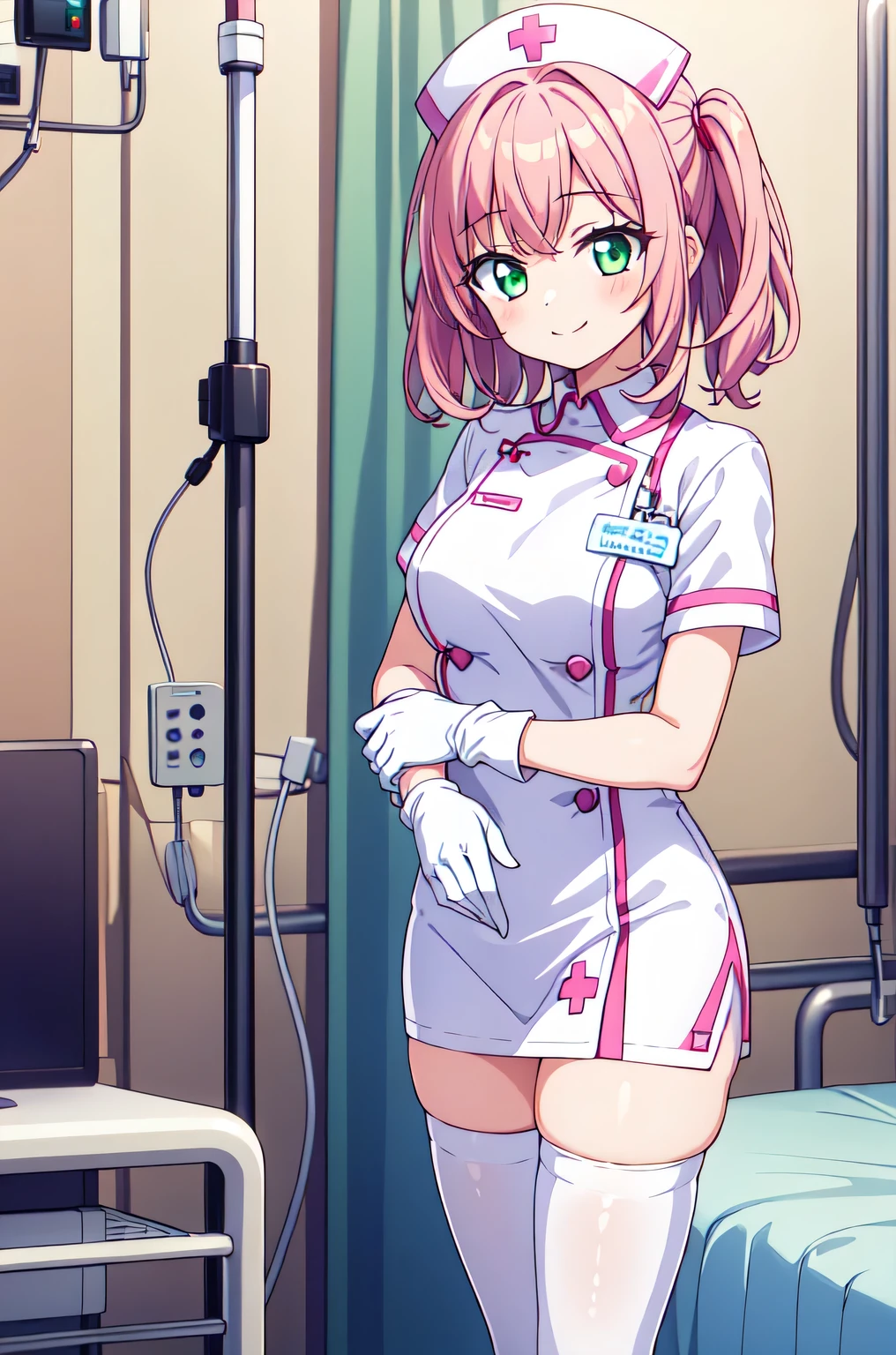 1girl, solo, nurse, white nurse cap, white nurse uniform, ((white legwear, zettai ryouiki)), white gloves, pink hair, green eyes, drooping eyes, smile, standing, ((hospital room)), sharp outline, short sleeves, best quality, masterpiece