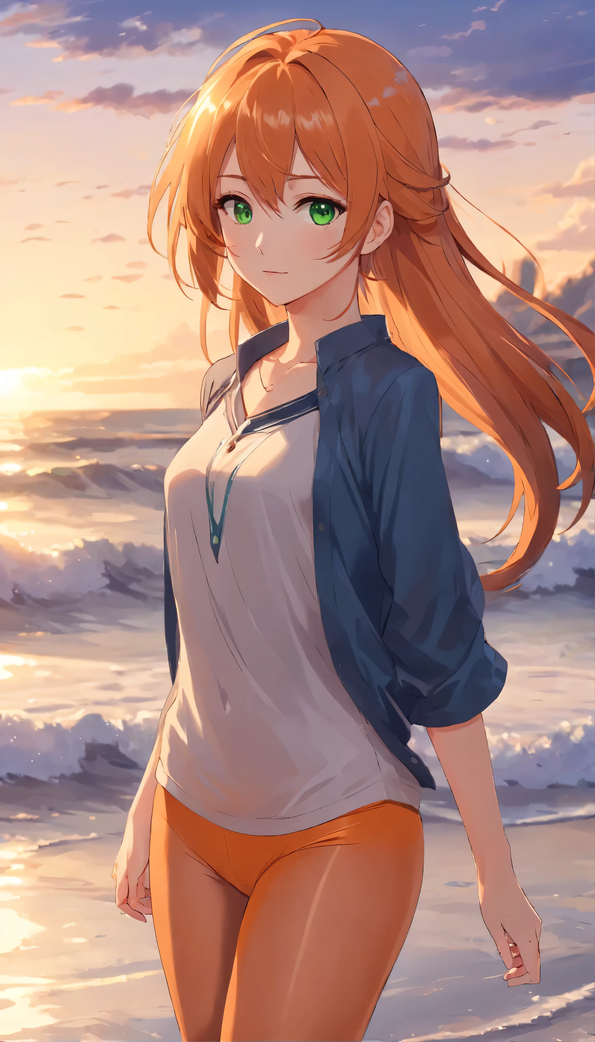 Anime girl with long orange hair, standing on the beach near the ocean, green eyes detailed digital anime art, cat ear, anime girl with long hair, гладкое аниме cg art, anime girl with long hair, digital anime art, work in Guweiz style, Beautiful anime portrait, Photorealistic render of an anime girl, pantyhose, Beautiful anime girl, advanced digital anime art, guweiz на artstation pixiv HD UHD HQ