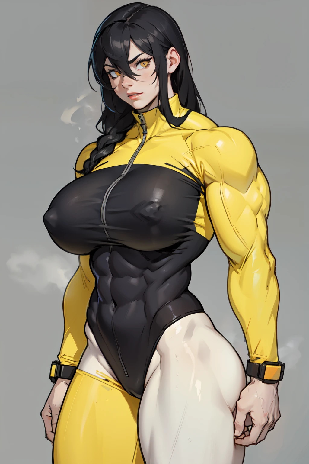 girl (1girl muscular grey background pale skin bodybuilder huge breasts toned body thin waist) black hair yellow eyes straight hair sweaty hair between eyes skintight