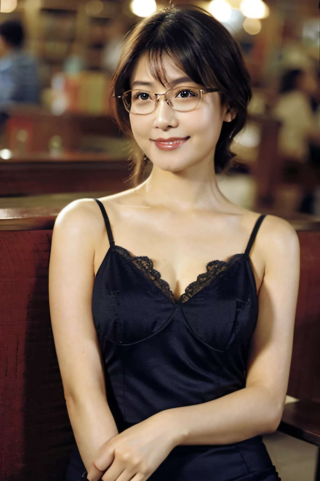 (8k、Raw photo、highest quality、masterpiece:1.2)、(Realistic、Photorealistic:1.37)、Ultra-detailed、超A high resolution、1 girl、40 years old、Seeing the viewer、Beautifully detailed face、A smile with slightly visible teeth、Beautifully detailed skin、Skin Texture、Shortcuts、Large Breasts、((library))、(((Black square glasses )))、Human whole body、Black Hair、((Embarrassing appearance))、Japanese、Highest quality、（Emphasize Large Breasts）、((lingerie))、sexy、((whole body))