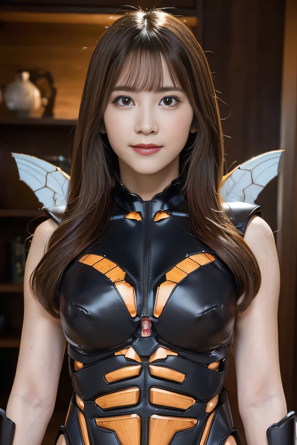 (high resolution,masterpiece,best quality,extremely detailed CG, anime, official art:1.4), realistic, photo, amazing fine details, all intricate, gloss and shiny,awesome many layers, 8k wall paper, 3d, sketch, kawaii, illustration,( solo:1.4), perfect female proportion,villainess, (fusion of dark brown cockroach and lady:1.4), (brown cockroach form lady:1.2), (brown cockroach lady:1.2), (fusion:1.2), (solo:1.4), (evil smile:1.2), muscular, abs, (cockroach brown exoskeleton bio insect suit:1.4), (cockroach brown exoskeleton bio insect armor:1.2), (brown transparency cockroach wing:1.4), (brown cockroach antennae:1.3),
