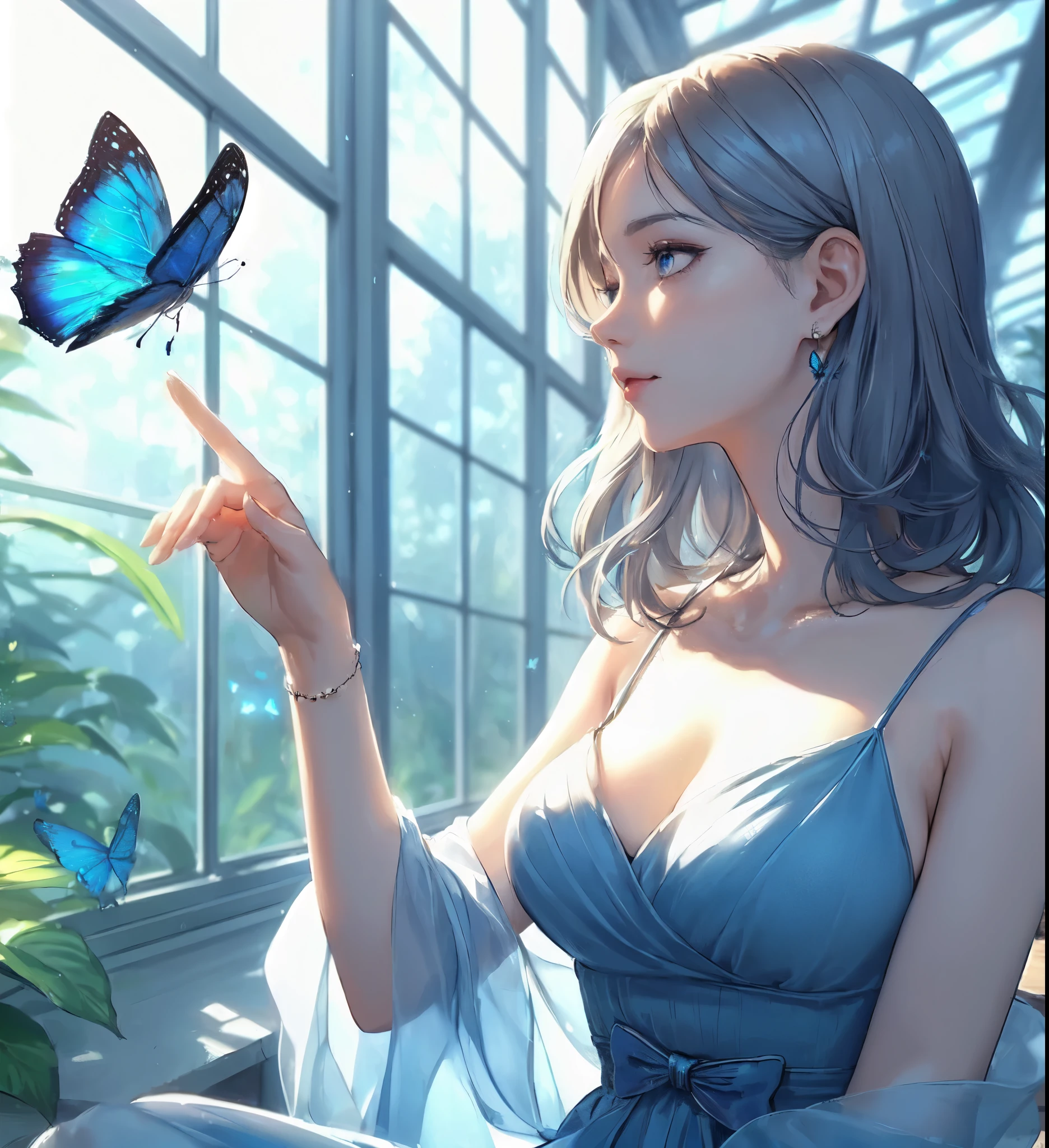 1lady solo, profile, (one hand up) (extending index finger gently), (blue butterfly landing on index finger), (cool and stylish dress), mature female, /(gray hair/) bangs, (light smile:0.8), (masterpiece best quality:1.2) delicate illustration ultra-detailed, large breasts BREAK (blue butterfly perching on index finger), (realistic blue butterfly:1.1), (glowing wings:1.1) BREAK (stylish greenhouse) indoors, plants, (soft lighting) noon, detailed background