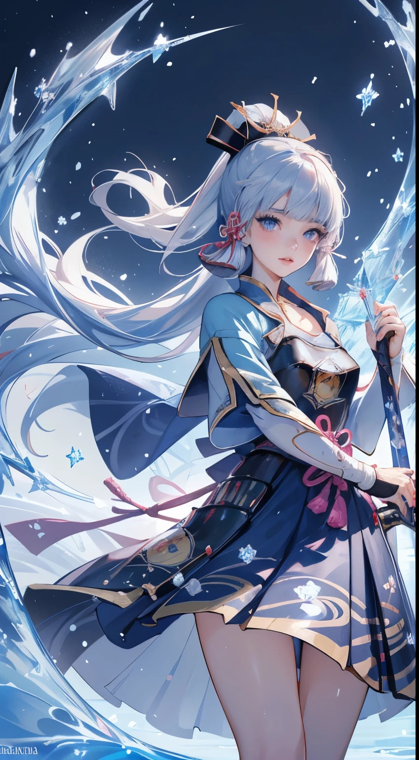 kamisatoayakadef,1 Anime Girl, warrior, Realistic people,Realistic, beautiful, smile, elegant, Majestic, Splash Art, Particles of light, Diamond Blade, (Cold Energy, Cold Air Blast, cold water: 1.4) Dynamic pose, ((JapaneseKatana,Hold the sword))((Holding a sword)),Milky Way, (Fractal Art:1.1), (colorful:1.1),(Ice Flower:1.4), (Spiral Splash), Most detailed,(Tangled:1.1),(抽象的なbackground:1.1), (Shiny skin), (Many colors:1.4), Ultra-high resolution, retina, masterpiece, Accurate, Anatomically correct, texture.(background:ice-flurry, snow,ice-shard, ice, crystal)