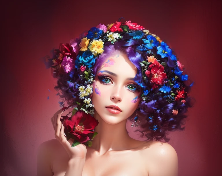 there is a woman with a flower in her hand and a painted face,  com cara de flor, retoque de beleza, jovem como medusa, com olhos assombrados e cabelos cacheados, glamour da cor do retrato, maquiagem criativa, Retrato de beleza, retoque profissional,  with flower head, Creative ColorFull - Maquiagem, cheerful woman made of petals, stylized Retrato de beleza