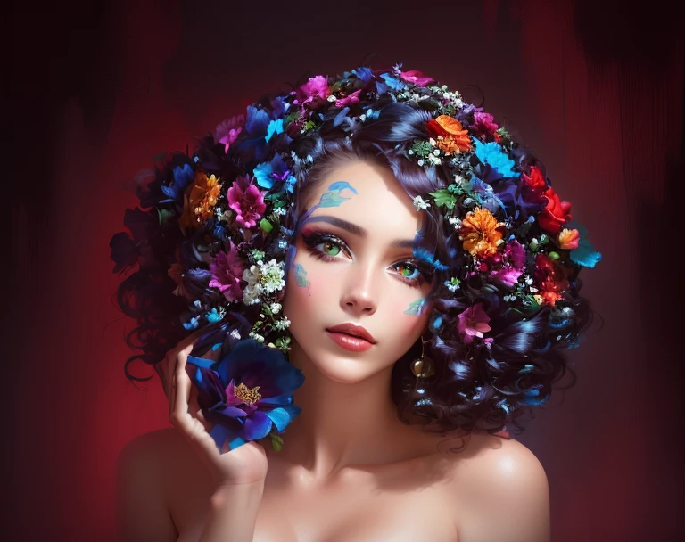 there is a woman with a flower in her hand and a painted face, com cara de flor, retoque de beleza, jovem como medusa, com olhos assombrados e cabelos cacheados, glamour da cor do retrato, maquiagem criativa, Retrato de beleza, retoque profissional, with flower head, Creative ColorFull - Maquiagem, cheerful woman made of petals, stylized Retrato de beleza