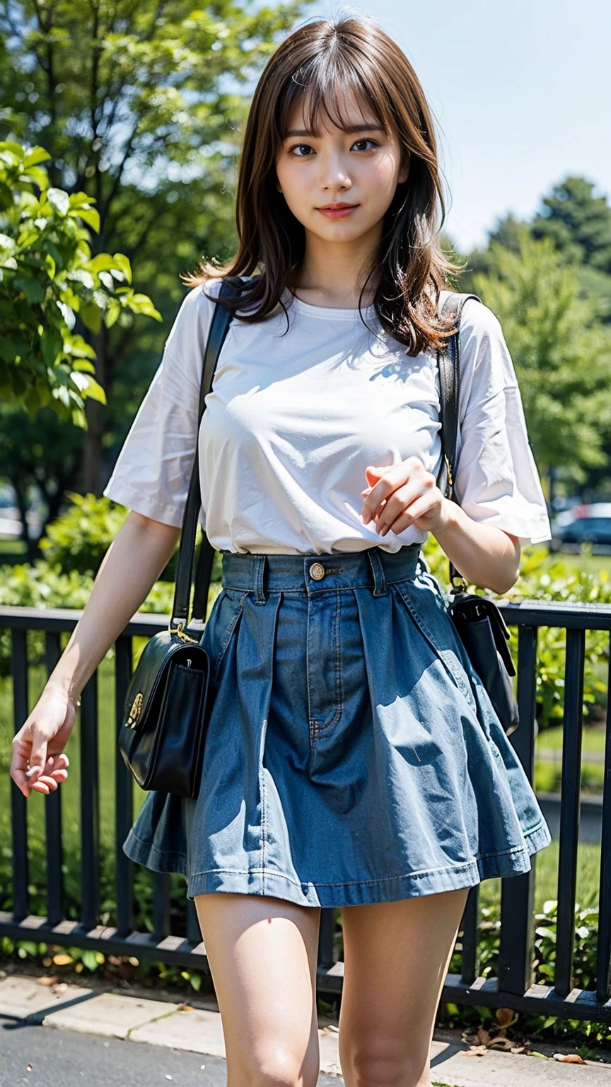 (8k、RAW Photos、highest quality、masterpiece:1.2)、(Realistic、Realistic)、1 girl、((sneakerini skirt、Casual dress、、Large Breasts、View from the front、smile、Are standing))、Lots of eyelashes、Glowing eyelids、skeletally correct