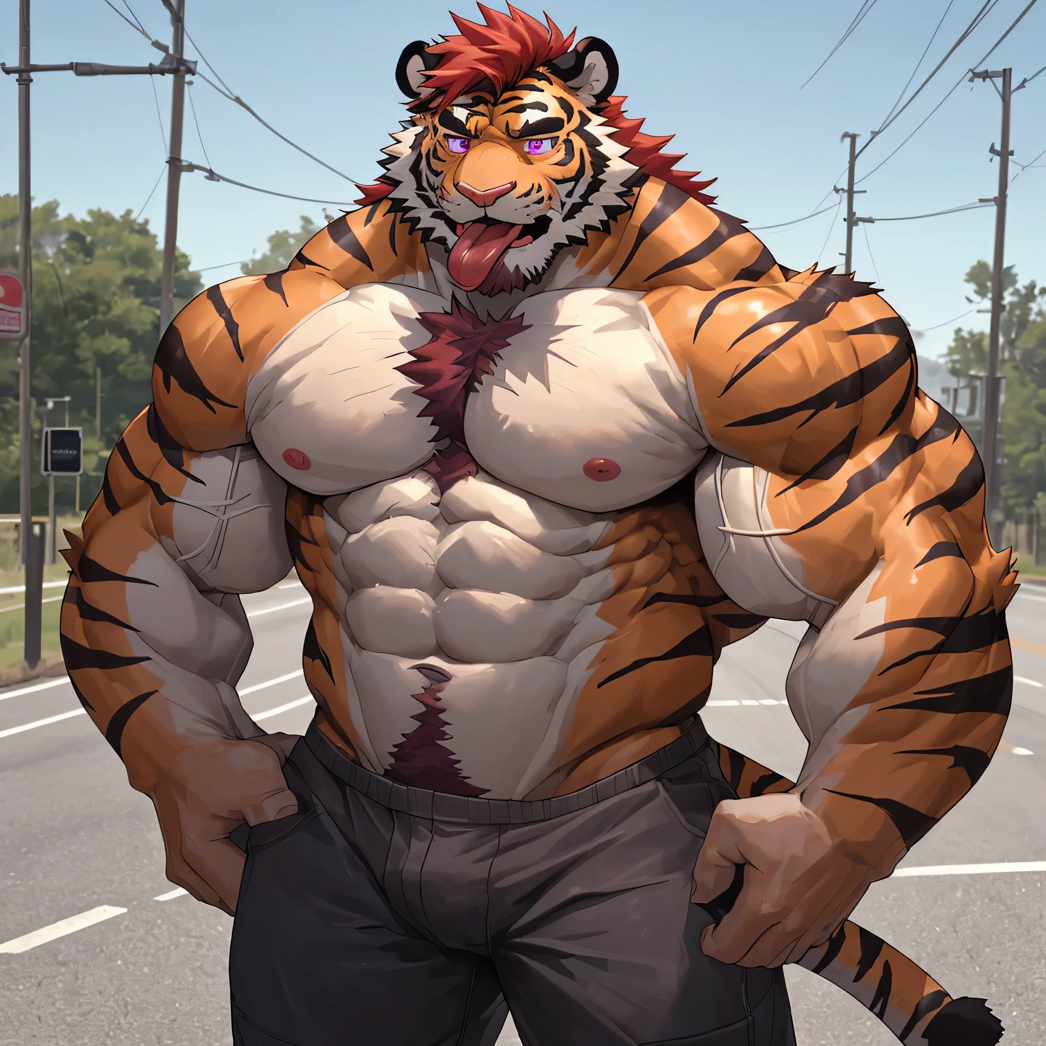 masterpiece, best quality, 8k resolution, Very detailed, hairy，tiger，Strong，Muscle lines，Super Muscle，Round Face，Red hair，Purple Eyes，Ultra clear eyes，Shirtless，hand behind back，Roadside，shameful，Stick out your tongue，blush，Standing，Raised crotch