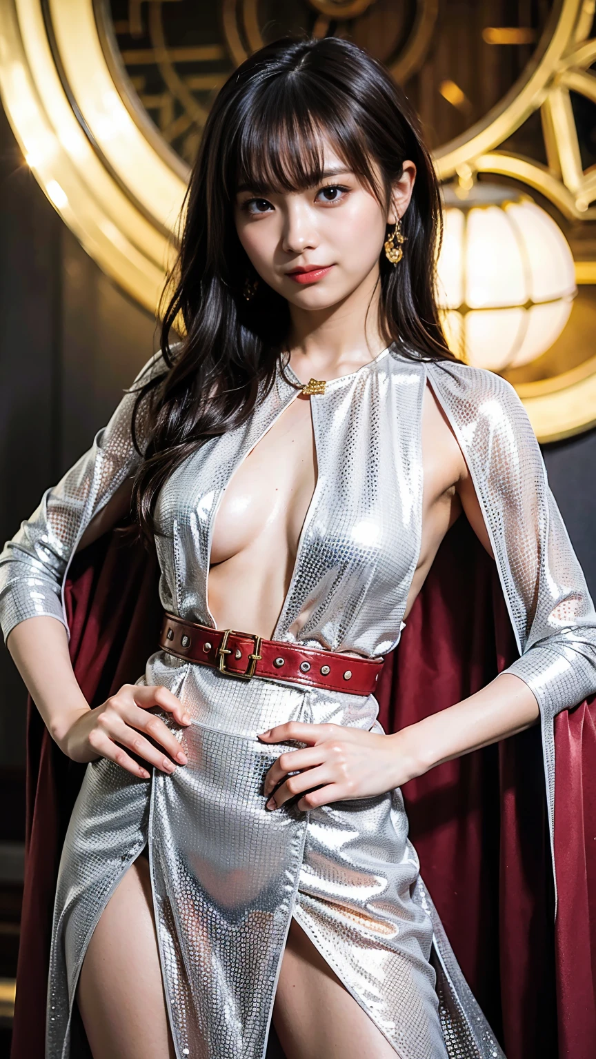 (8k、RAW Photos、highest quality、masterpiece:1.2)、(Realistic、Realistic)、1 girl、((Pink Dress、Cape、Black accents、Cute Costumes、Gold Belt、See-through、boots、Large Breasts、smile、Pose with hands on hips、View from the front))、Lots of eyelashes、Glowing eyelids、skeletally correct