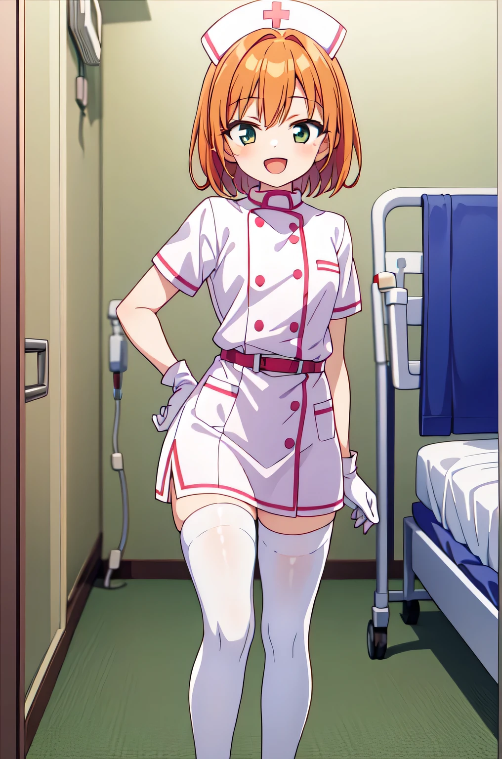 1boy, solo, male focus, nurse, white nurse cap, white nurse uniform, ((white legwear, zettai ryouiki)), white gloves, short hair, orange hair, smile, open mouth, standing, ((hospital room)), sharp outline, short sleeves, shota, , best quality, masterpiece