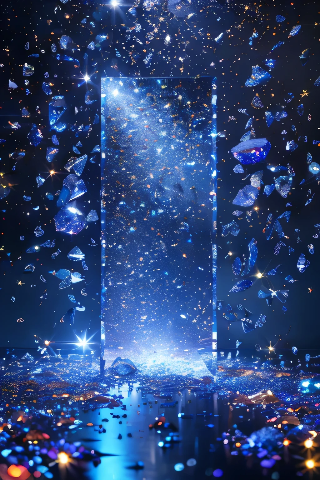 masterpiece, high quality, Clean background booth, Sapphire, Very flash, Crystal clear, glowing with colored light, Star powder, Central Composition, Split lighting, Creative background design, Front view, Surreal scene, Natural rendering, fantasy
