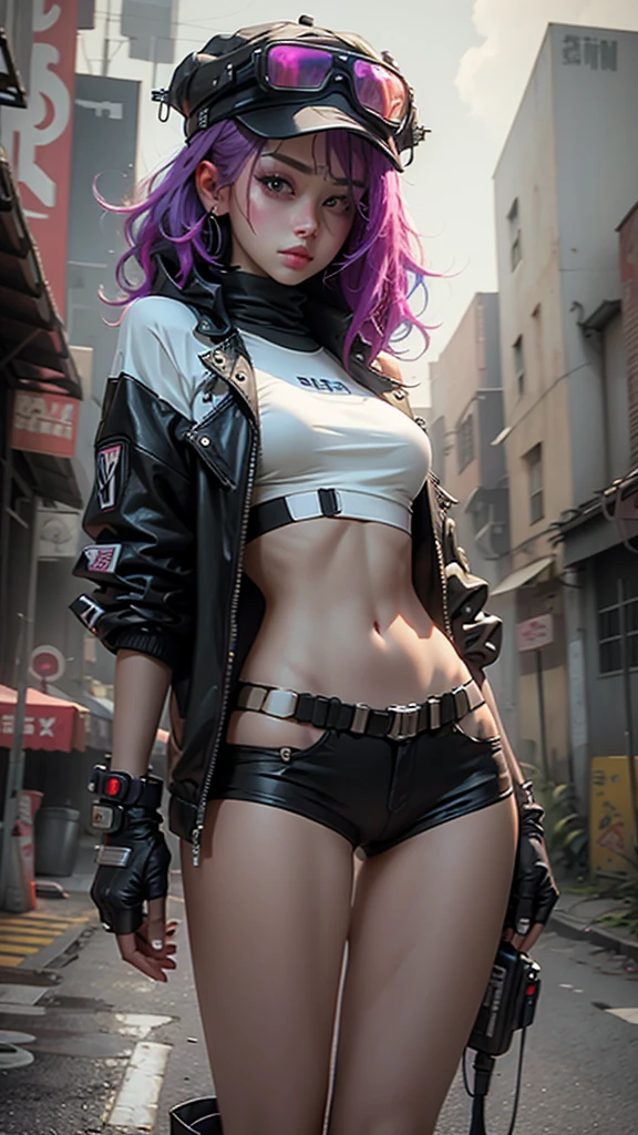Beautiful woman medium hair, wearing cap, cyberpunk style short clothes