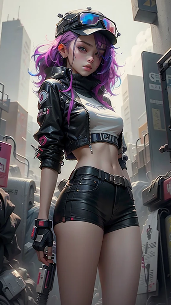 Beautiful woman medium hair, wearing cap, cyberpunk style short clothes
