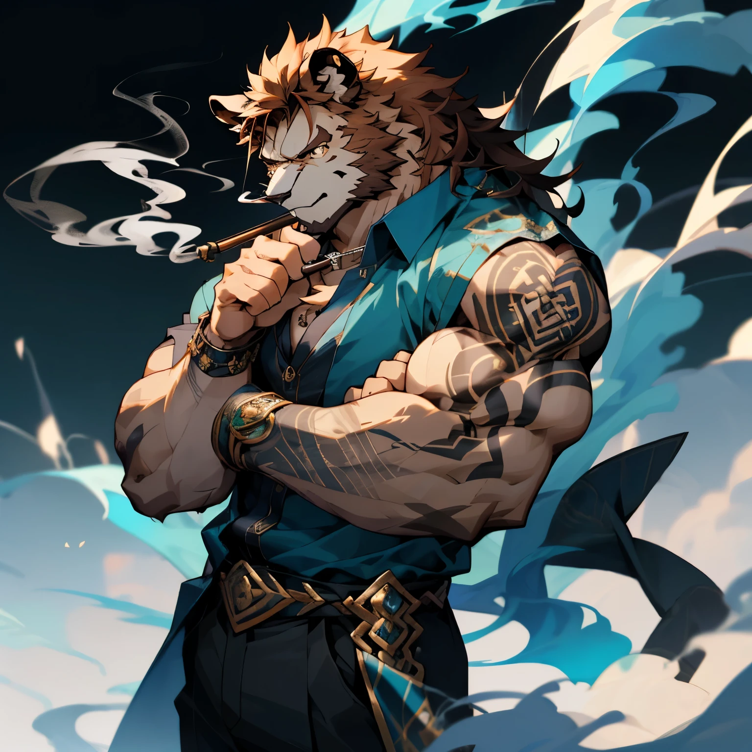 Anime lion with a magnified presence, leisurely puffs on a hookah pipe, adorned in a blue-black camisa, intricate tattoo designs covering one powerful arm.--auto
(epic, exquisite, detailed,--humongous muscle:1.4--), (animated masterpiece, best quality), ((High resolution 4K)), lion, ools in, hookah tube in paw, Blue-black shirt, Vibrant inks etched, Impressive drawings on muscular forearm.--((Front view,--smoking--),--thoughtful pose--), Anime lion, deeply engrossed in the essence of hook