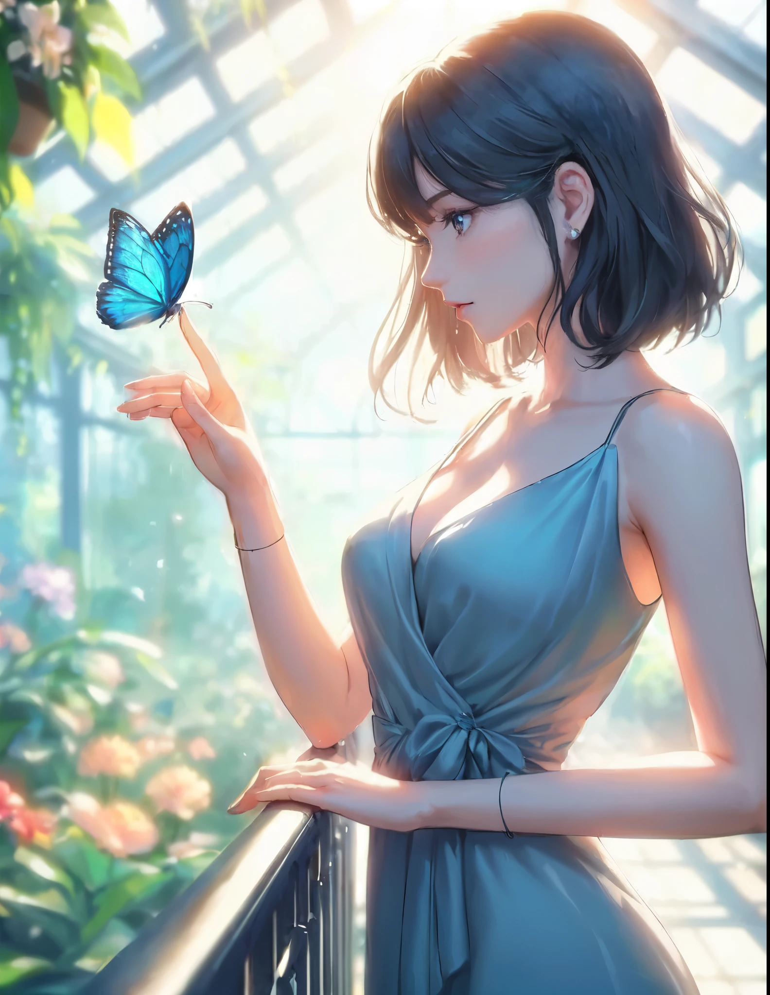 1lady solo, profile, (one hand up) (extending index finger gently), (blue butterfly landing on index finger), (cool and stylish dress), mature female, /(black hair/) bangs, (light smile:0.8), (masterpiece best quality:1.2) delicate illustration ultra-detailed, large breasts BREAK (blue butterfly perching on index finger), (realistic blue butterfly:1.1), (glowing wings:1.1) BREAK (stylish greenhouse) indoors, plants, (soft lighting) noon, detailed background