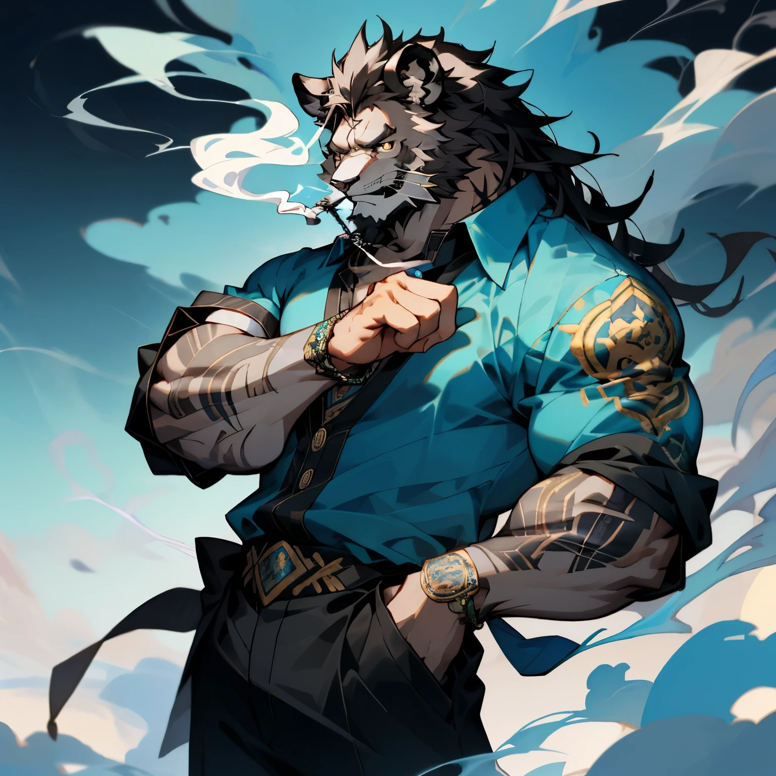 Anime lion with a magnified presence, leisurely puffs on a hookah pipe, adorned in a blue-black camisa, intricate tattoo designs covering one powerful arm.--auto
(epic, exquisite, detailed,--humongous muscle:1.4--), (animated masterpiece, best quality), ((High resolution 4K)), lion, ools in, hookah tube in paw, Blue-black shirt, Vibrant inks etched, Impressive drawings on muscular forearm.--((Front view,--smoking--),--thoughtful pose--), Anime lion, deeply engrossed in the essence of hook